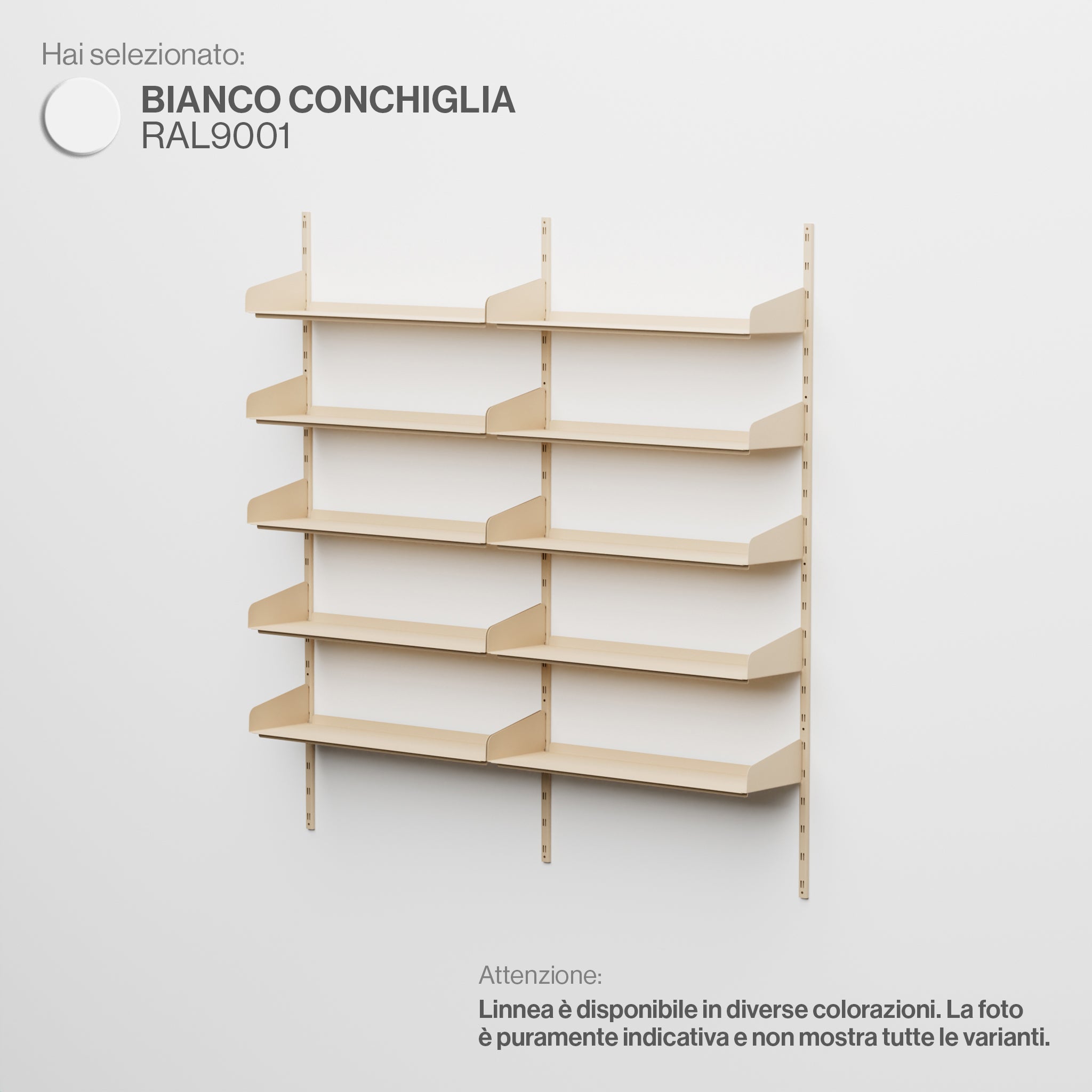 Linnea – Modulares Wandsystem (5 x 90 cm Regale, Doppelspannweite) – Muschelweiß (RAL9001)