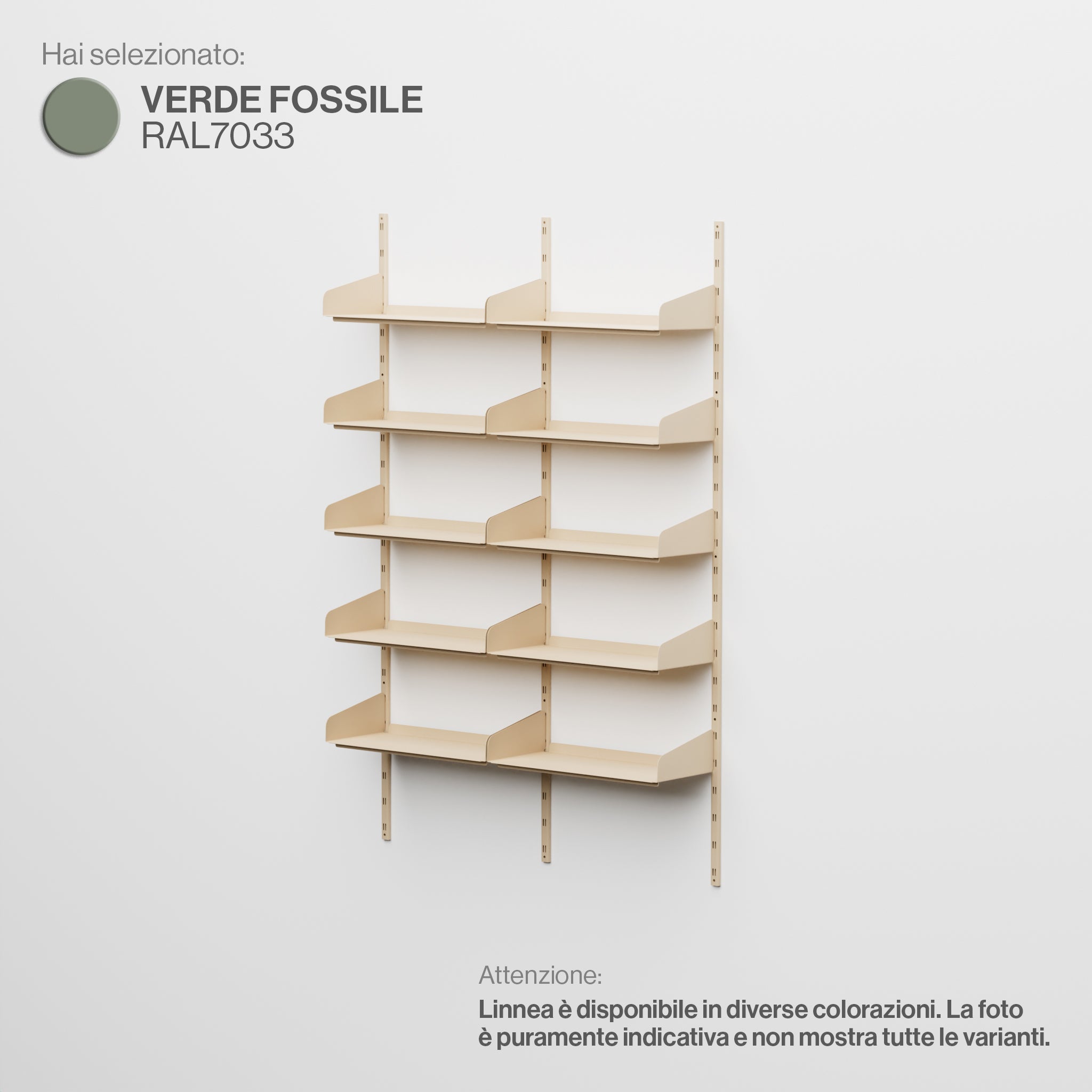 Linnea – Modulares Wandsystem (5 x 60 cm Regale, Doppelspannweite) – Fossilgrün (RAL7033)