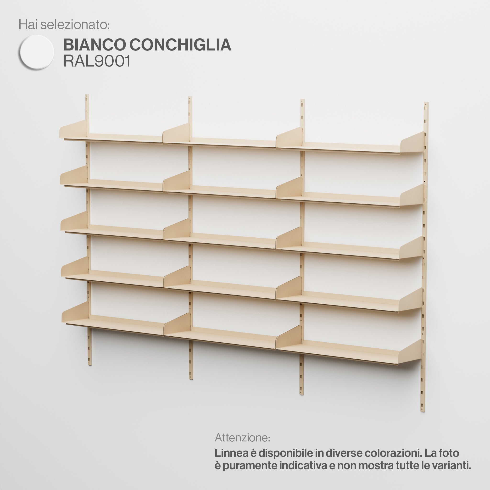 Linnea - Sistema Modulare a Parete (5 mensole da 90 cm, campata tripla) - Bianco Conchiglia (RAL9001)