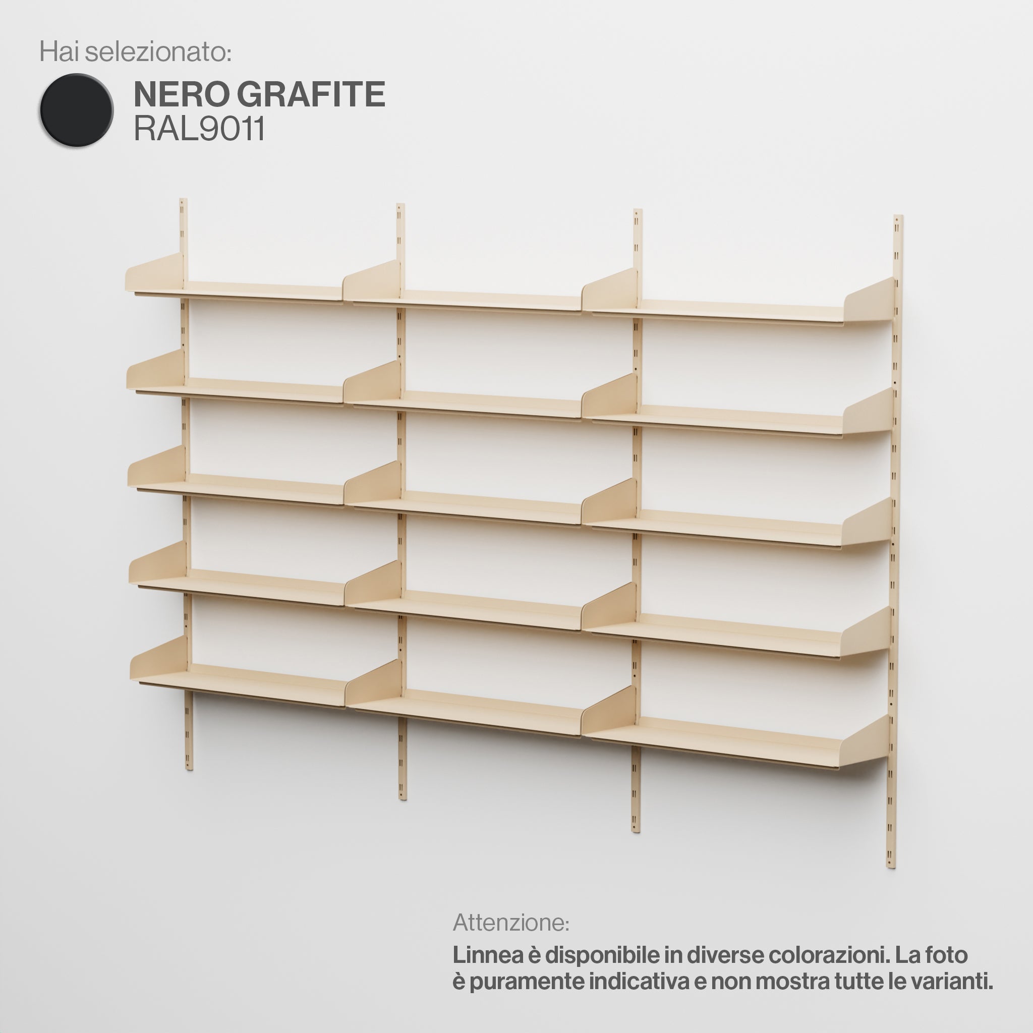 Linnea – Modulares Wandsystem (5 x 90 cm Regale, dreifach gespannt) – Graphitschwarz (RAL9011)