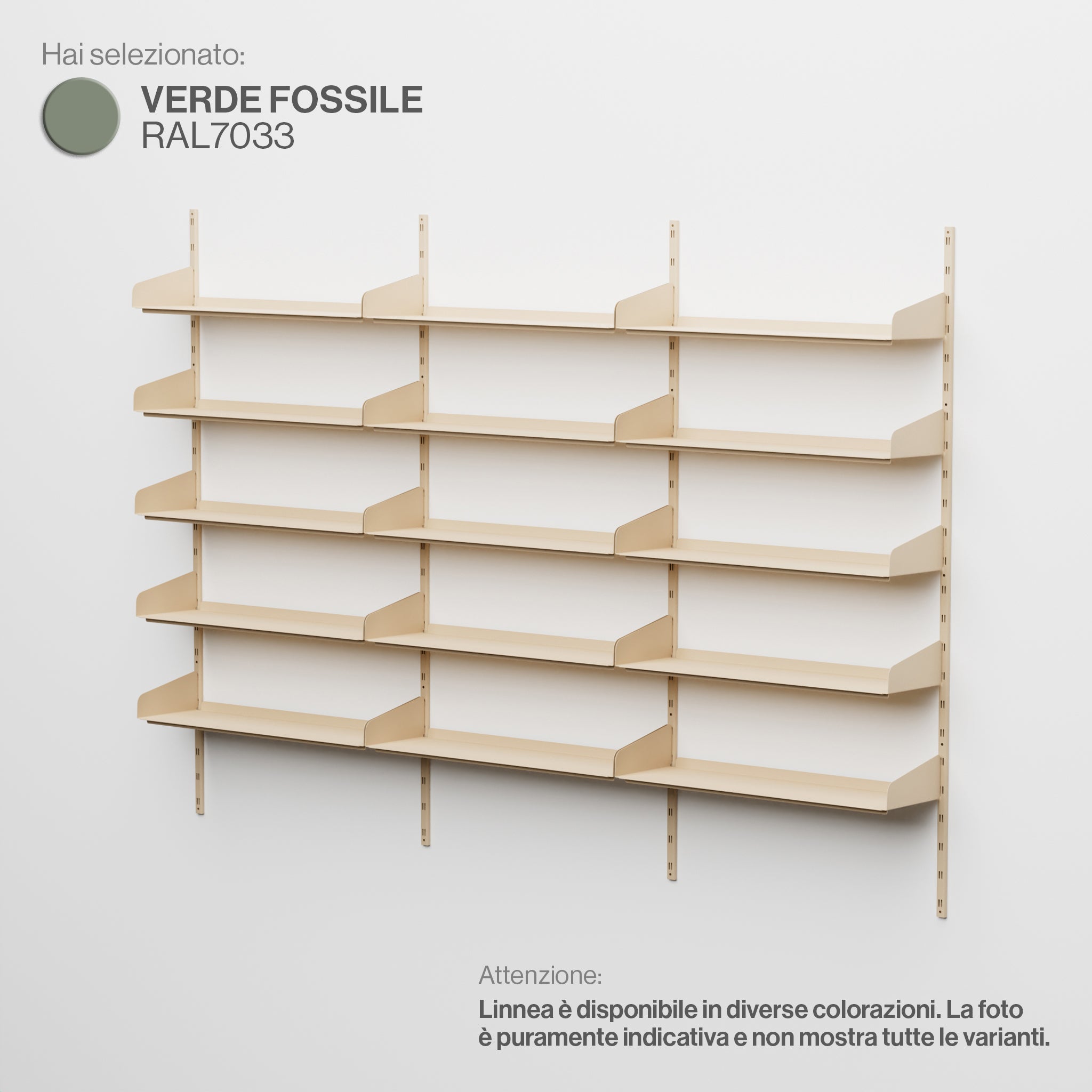 Linnea – Modulares Wandsystem (5 x 90 cm Regale, dreifach gespannt) – Fossilgrün (RAL7033)