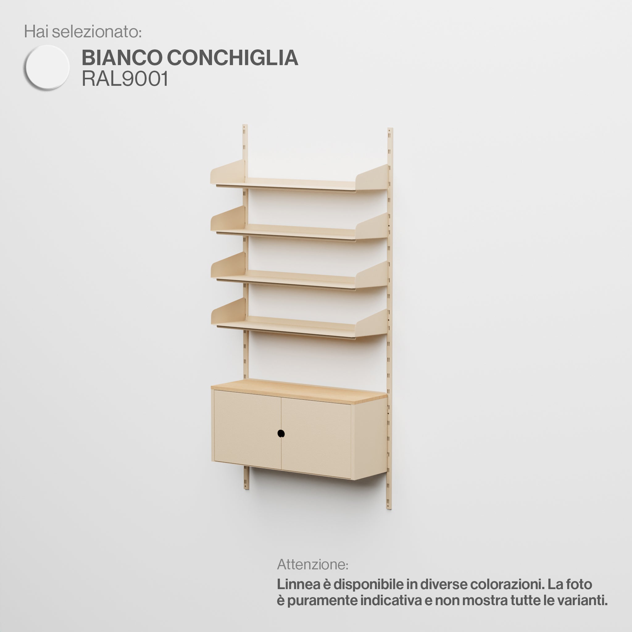 Linnea - Sistema Modulare a Parete - 4 Mensole 90 cm e Moduli Contenitore, Campata Singola- Bianco Conchiglia (RAL9001)