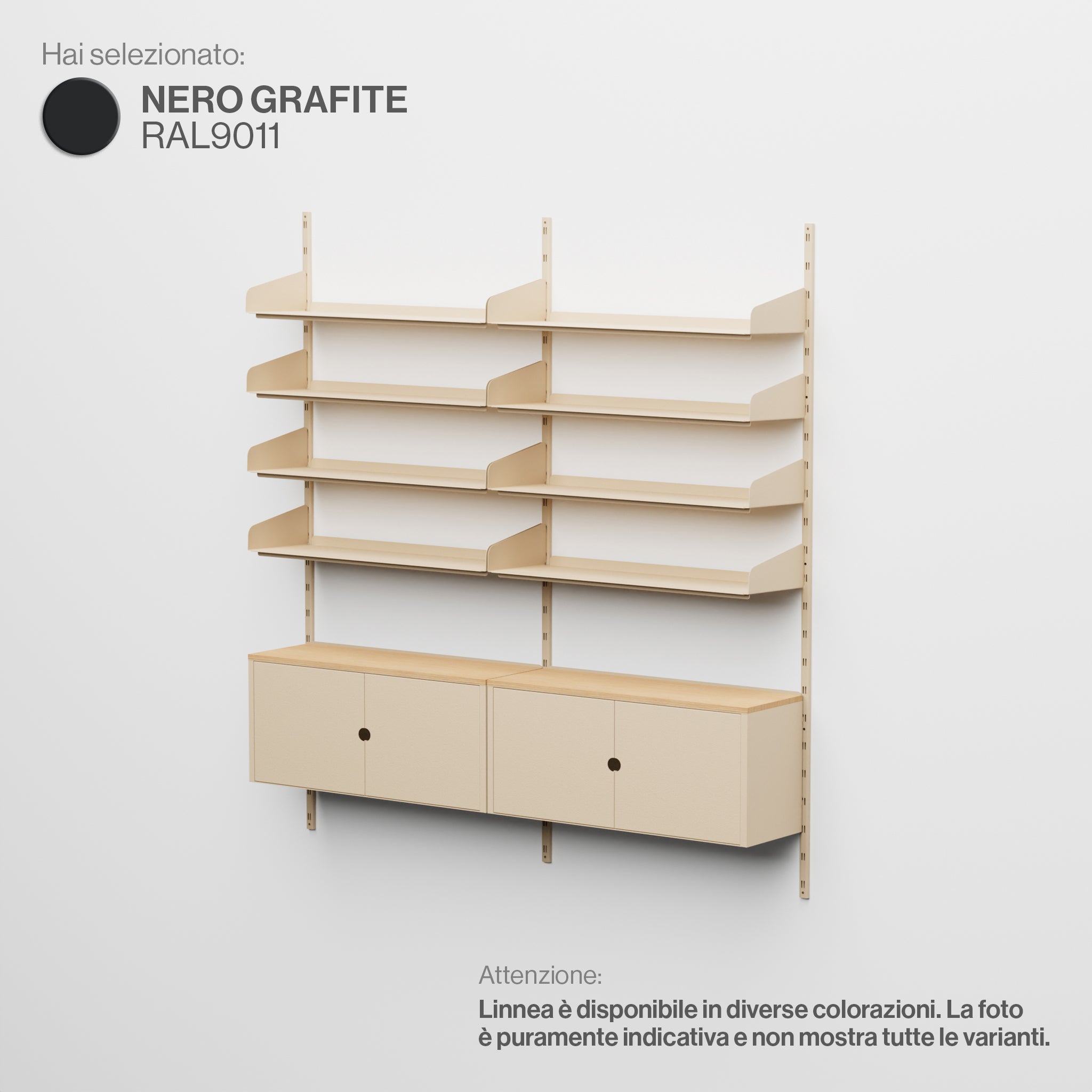 Linnea – Modulares Wandsystem – 4 x 90 cm Regale und Aufbewahrungsmodule, Doppelspannweite – Graphitschwarz (RAL9011)