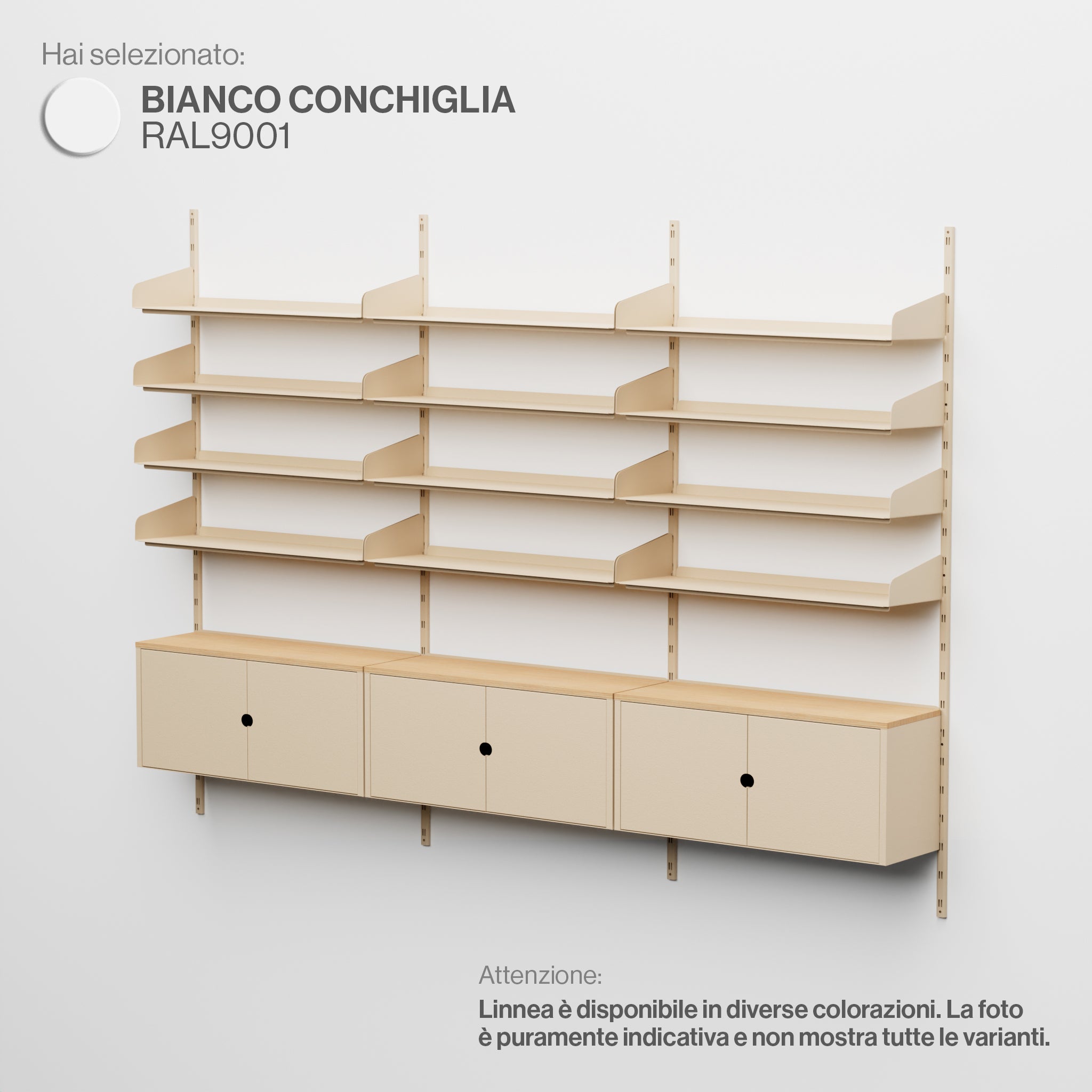 Linnea - Sistema Modulare a Parete - 4 Mensole 90 cm e Moduli Contenitore, Campata Tripla- Bianco Conchiglia (RAL9001)