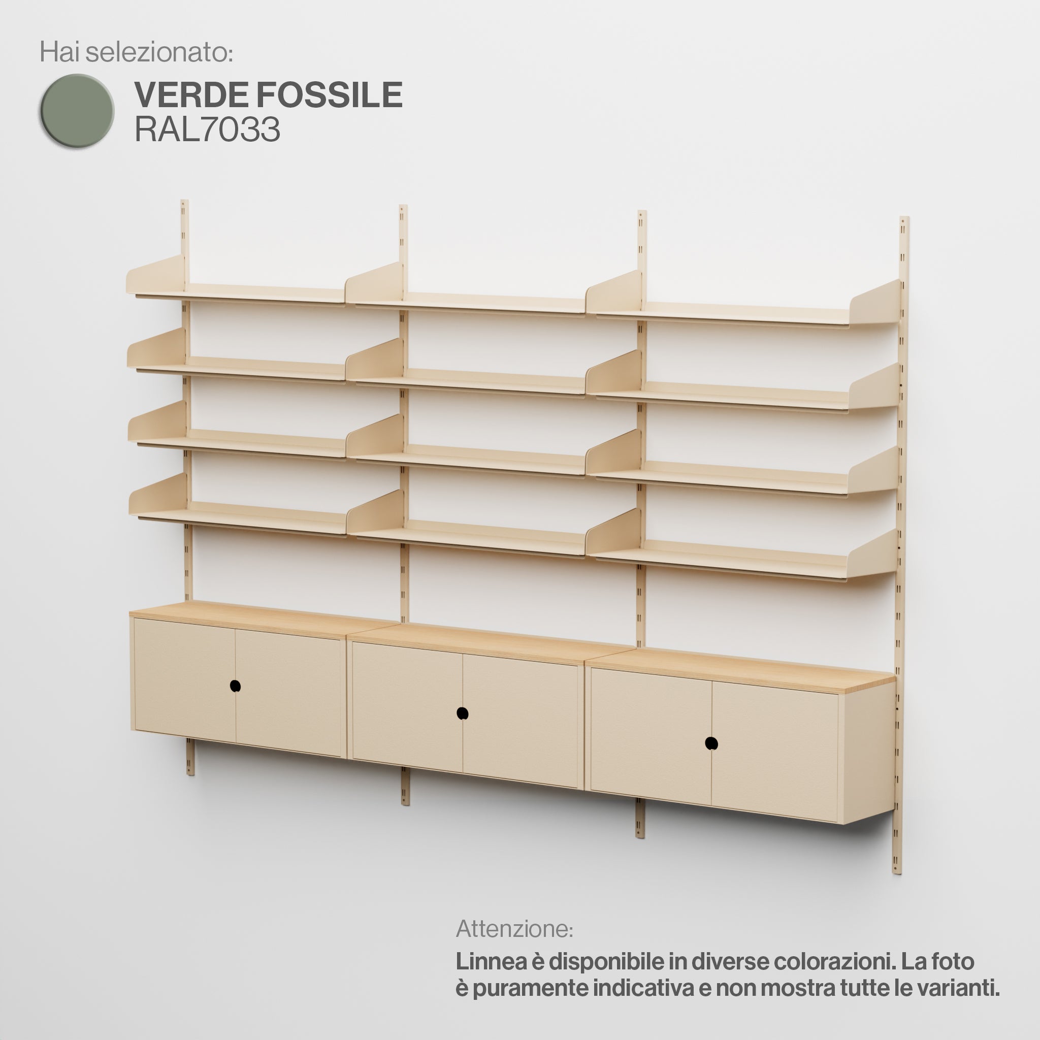 Linnea – Modulares Wandsystem – 4 x 90 cm Regale und Aufbewahrungsmodule, dreifach gespannt – Fossilgrün (RAL7033)