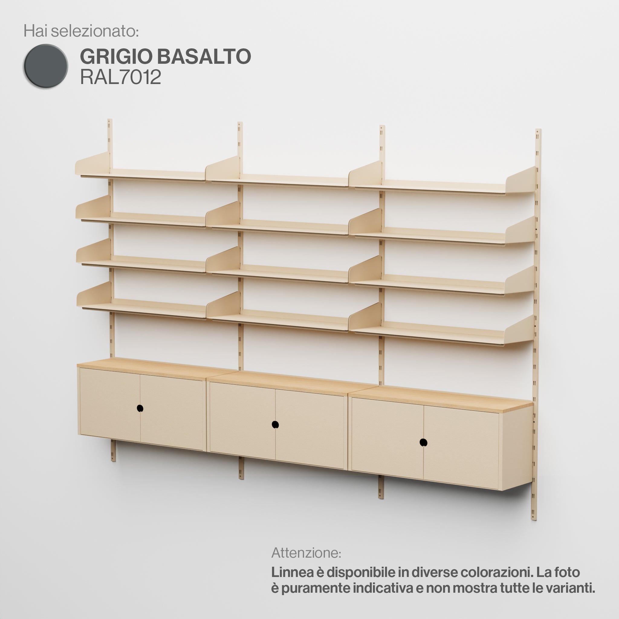 Linnea – Modulares Wandsystem – 4 x 90 cm Regale und Aufbewahrungsmodule, dreifach gespannt – Basaltgrau (RAL7012)