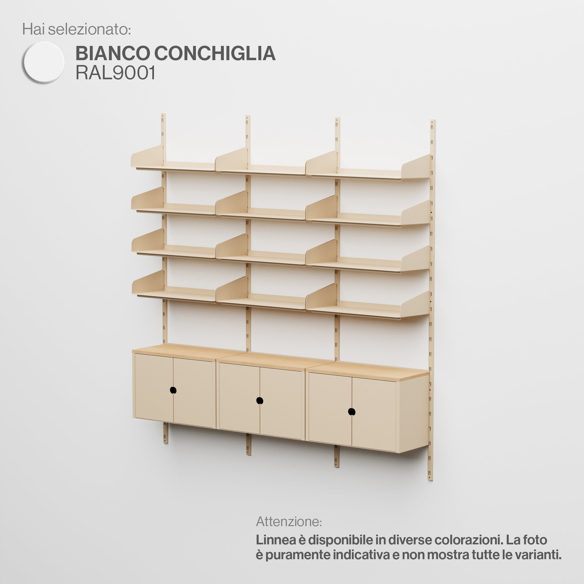 Linnea - Sistema Modulare a Parete - 4 Mensole 60 cm e Moduli Contenitore, Campata Tripla- Bianco Conchiglia (RAL9001)