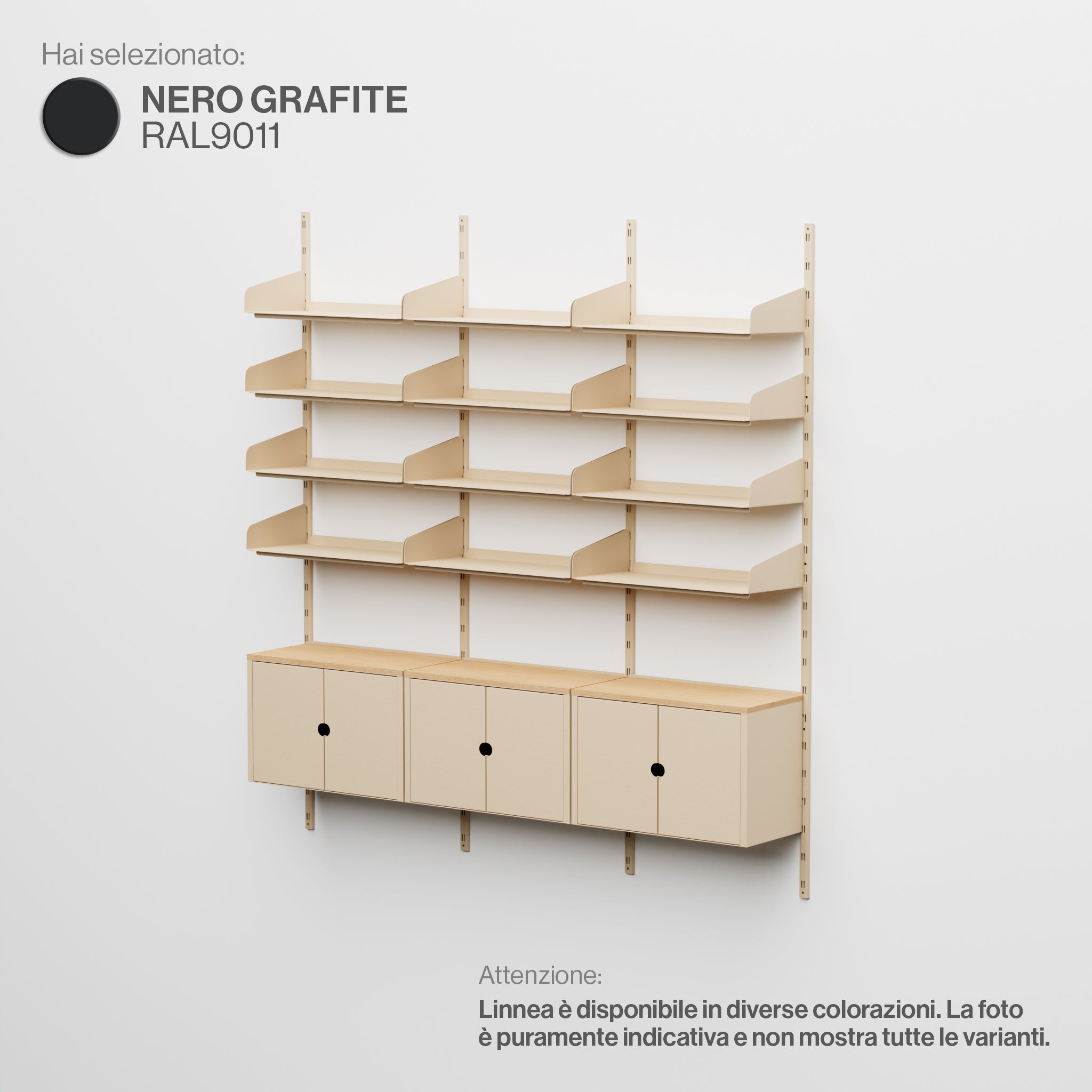 Linnea - Modular Wall System - 4 x 60cm Shelves and Storage Modules, Triple Span - Graphite Black (RAL9011)