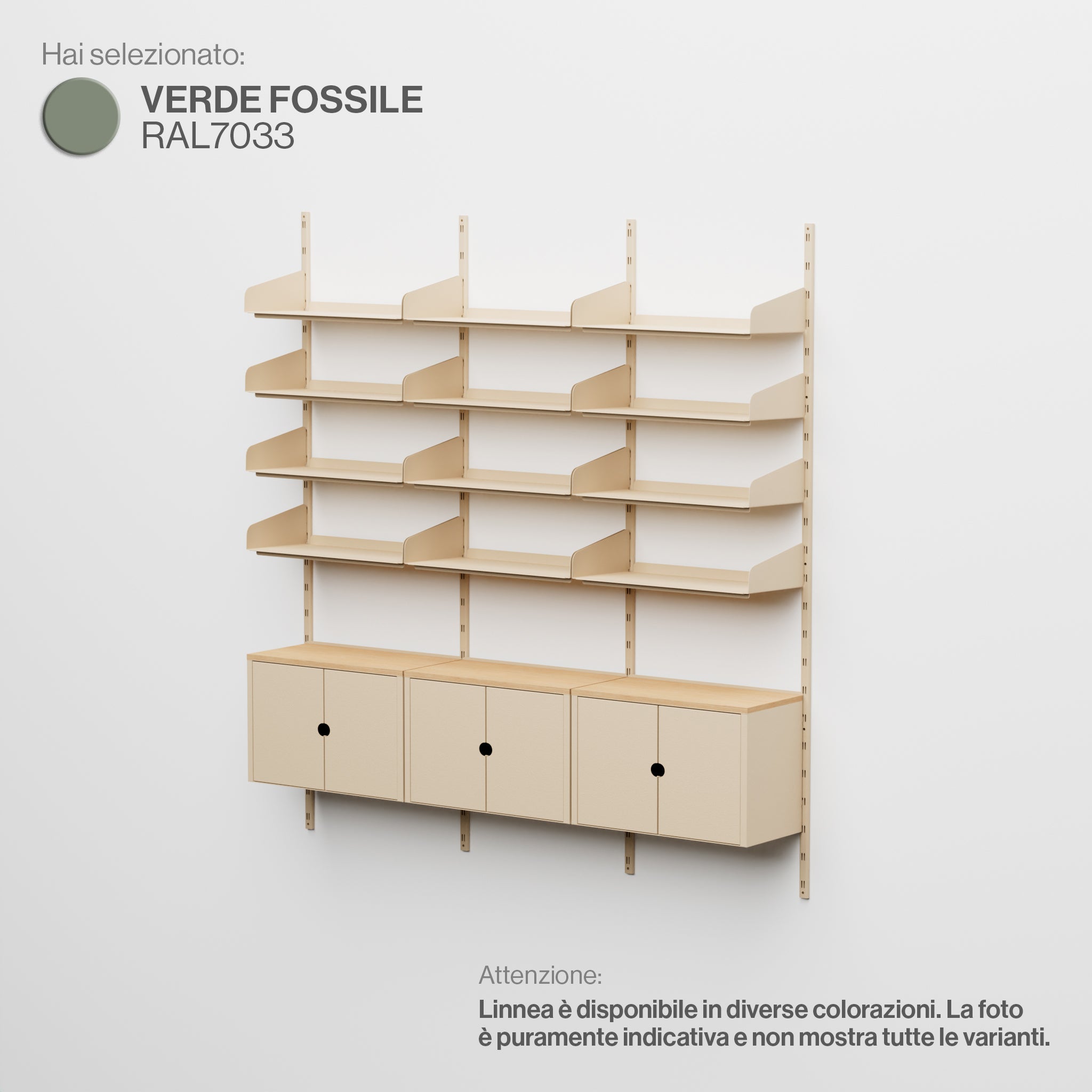 Linnea – Modulares Wandsystem – 4 x 60 cm Regale und Aufbewahrungsmodule, dreifach gespannt – Fossilgrün (RAL7033)