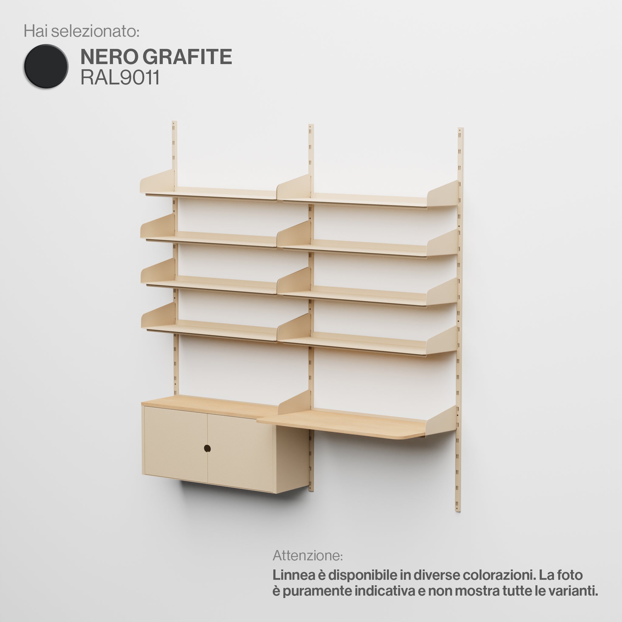 Linnea – Modulares Wandsystem – Doppelspannig mit 4 x 90 cm Regalen, Aufbewahrungsmodulen und schwebendem Schreibtisch – Graphitschwarz (RAL9011)