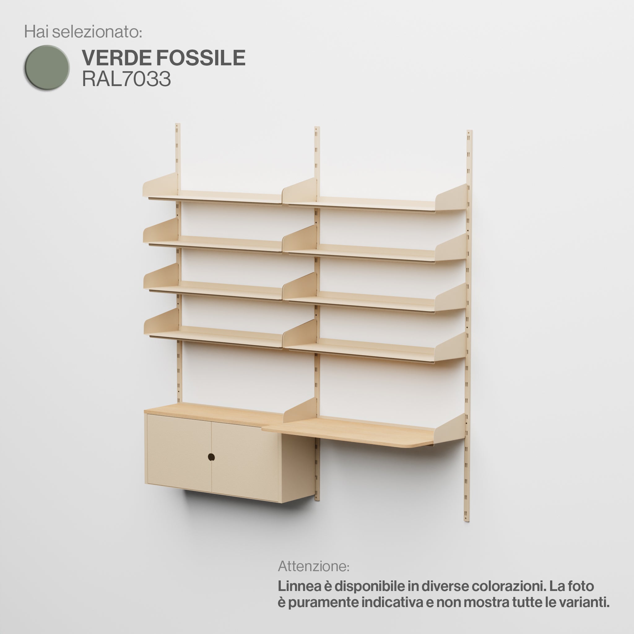 Linnea – Modulares Wandsystem – Doppelspannig mit 4 x 90 cm Regalen, Aufbewahrungsmodul und schwebendem Schreibtisch – Fossilgrün (RAL7033)