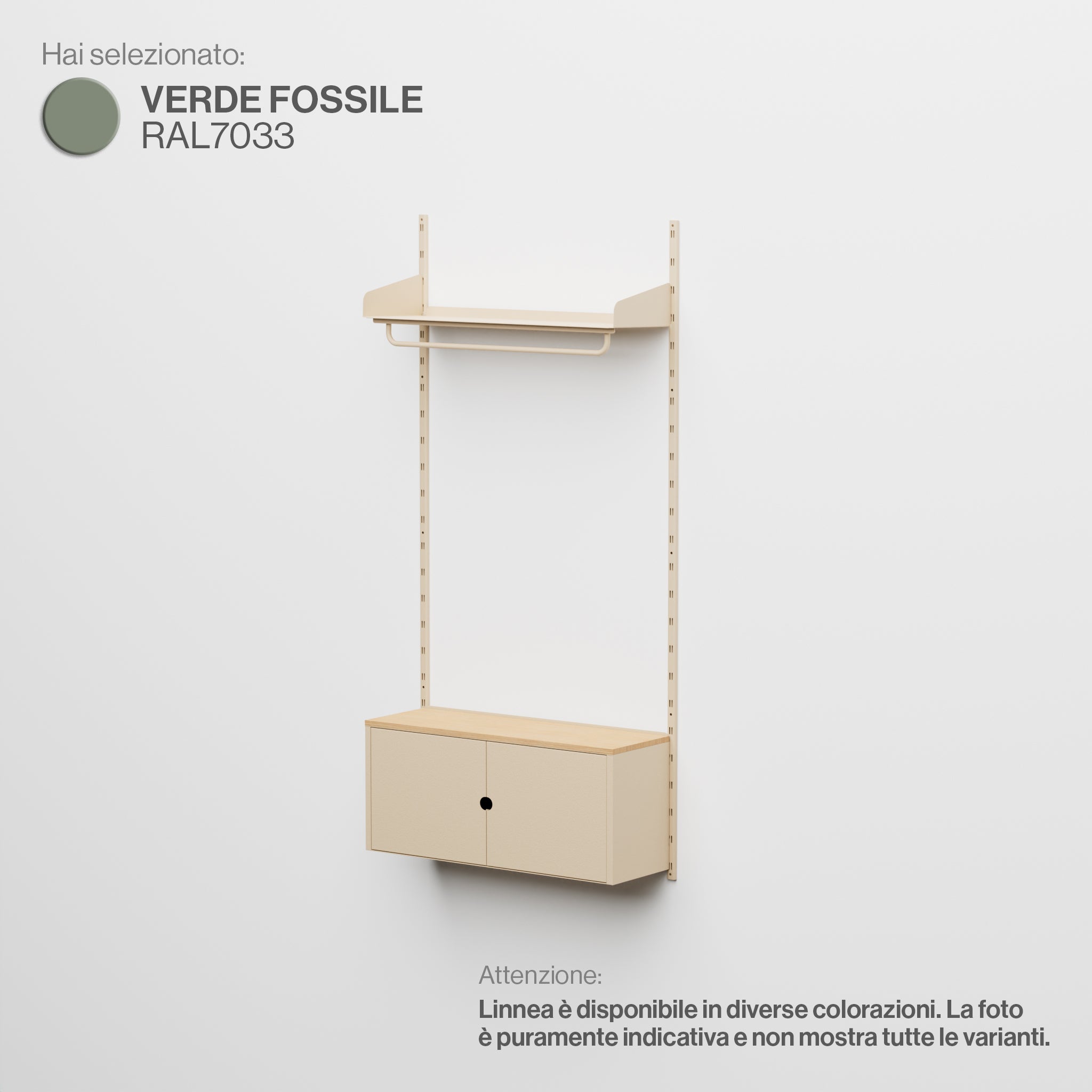 Linnea - Modulares Wandsystem mit Garderobenleiste und Aufbewahrungsmodul, einteilig (90 cm breit) - Fossilgrün (RAL7033)