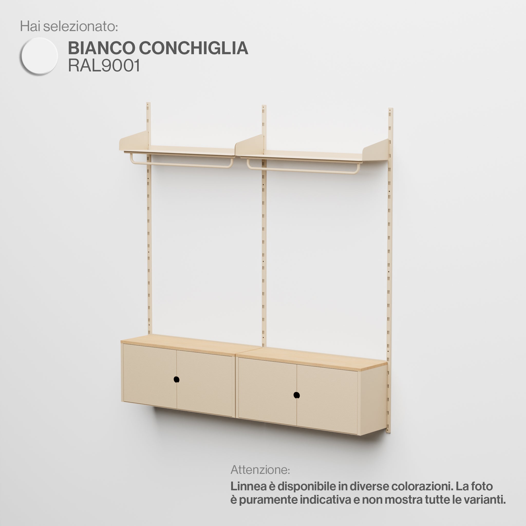 Linnea - Modular Wall System with Coat Rail and Storage Modules, Double Span (90 cm wide) - Shell White