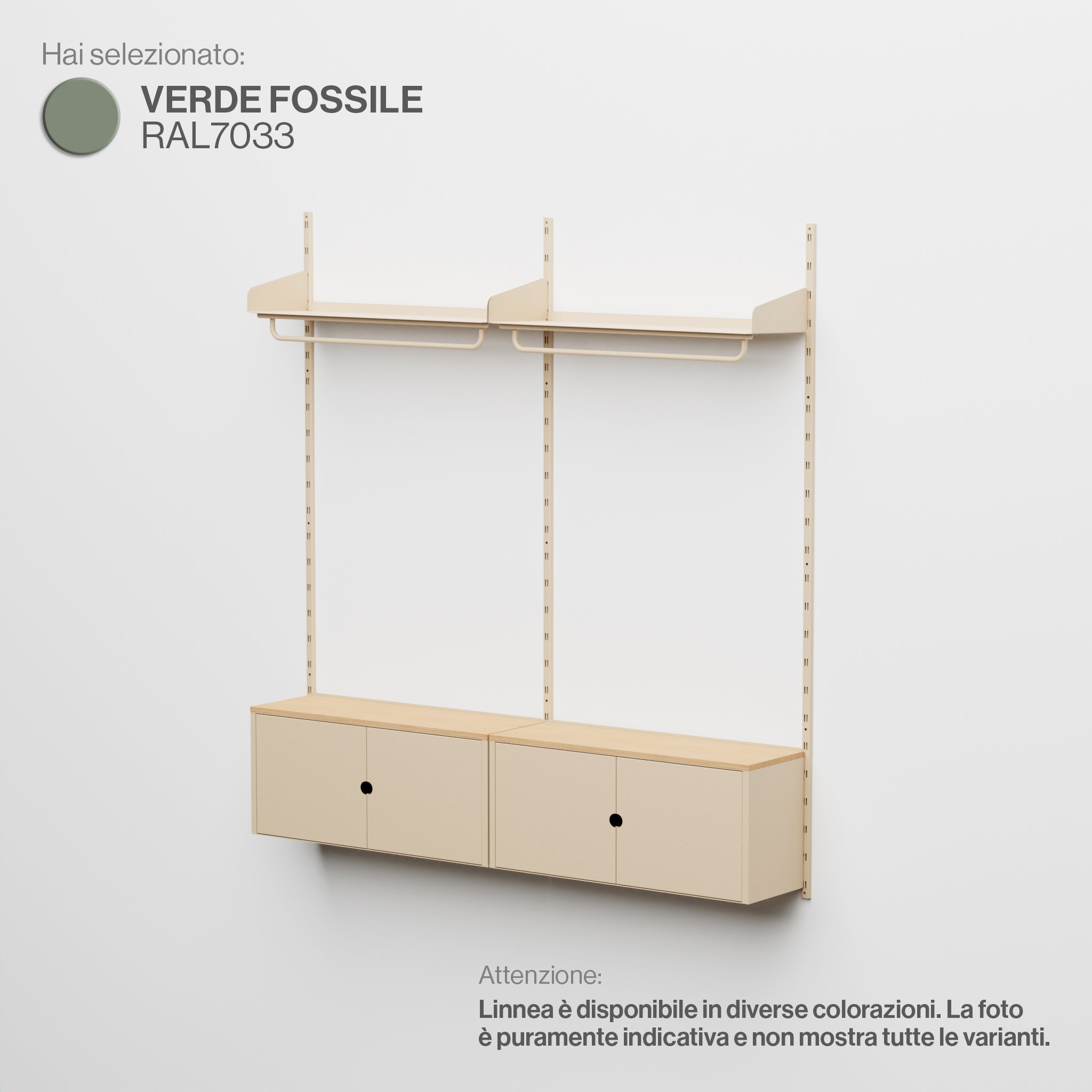 Linnea - Modular Wall System with Coat Rail and Storage Modules, Double Span (90 cm wide) - Fossil Green