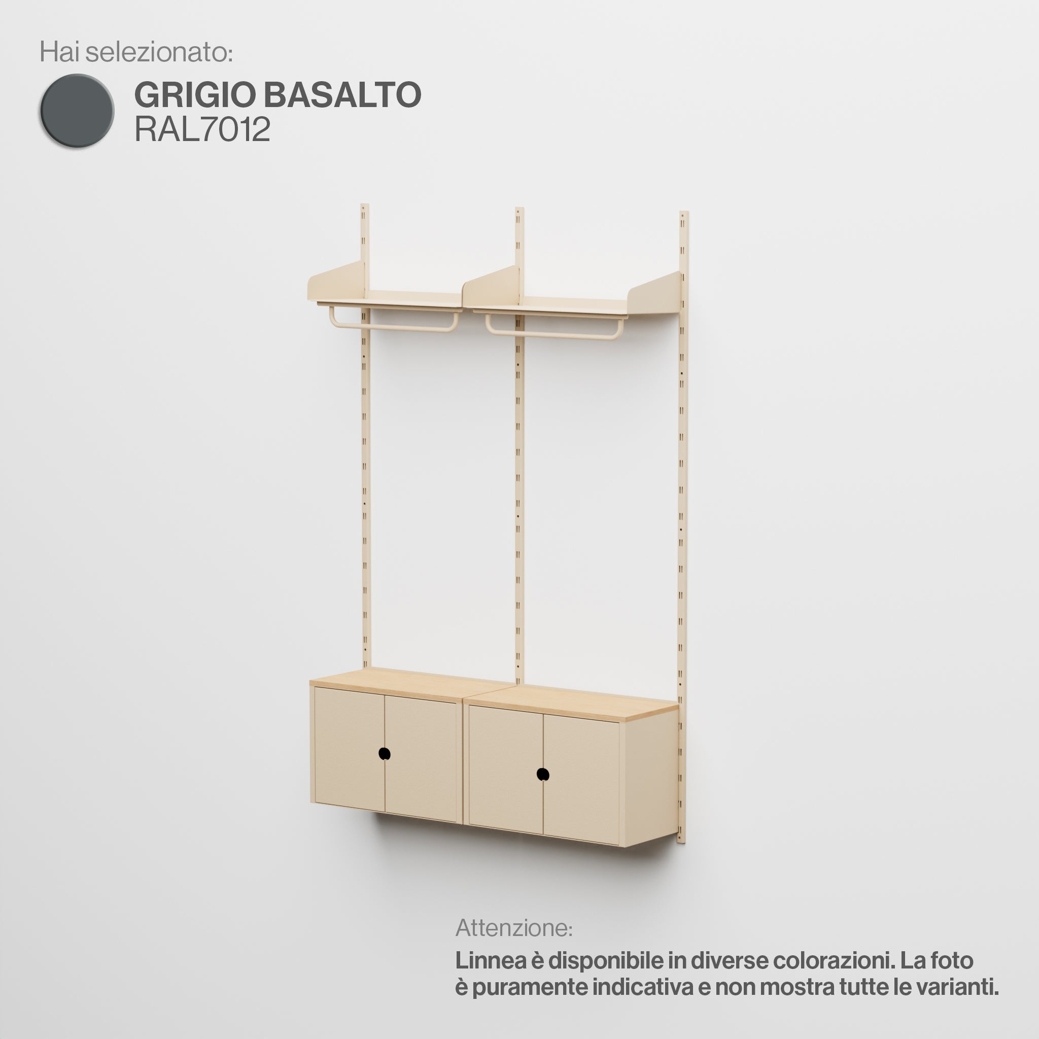 Linnea - Modulares Wandsystem mit Garderobenleiste und Aufbewahrungsmodulen, Doppelspannig (60 cm breit) - Basaltgrau