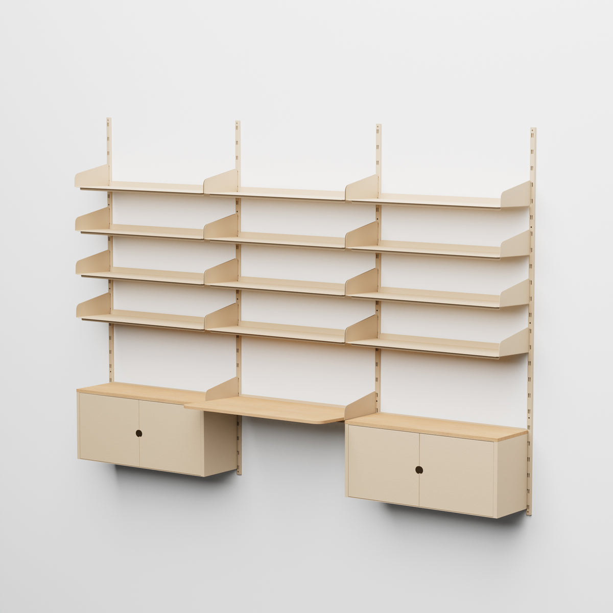 Linnea - Système modulaire mural - avec 12 étagères de 90 cm, 2 modules de rangement et bureau suspendu, travée triple - Beige Luxor (COD01183)