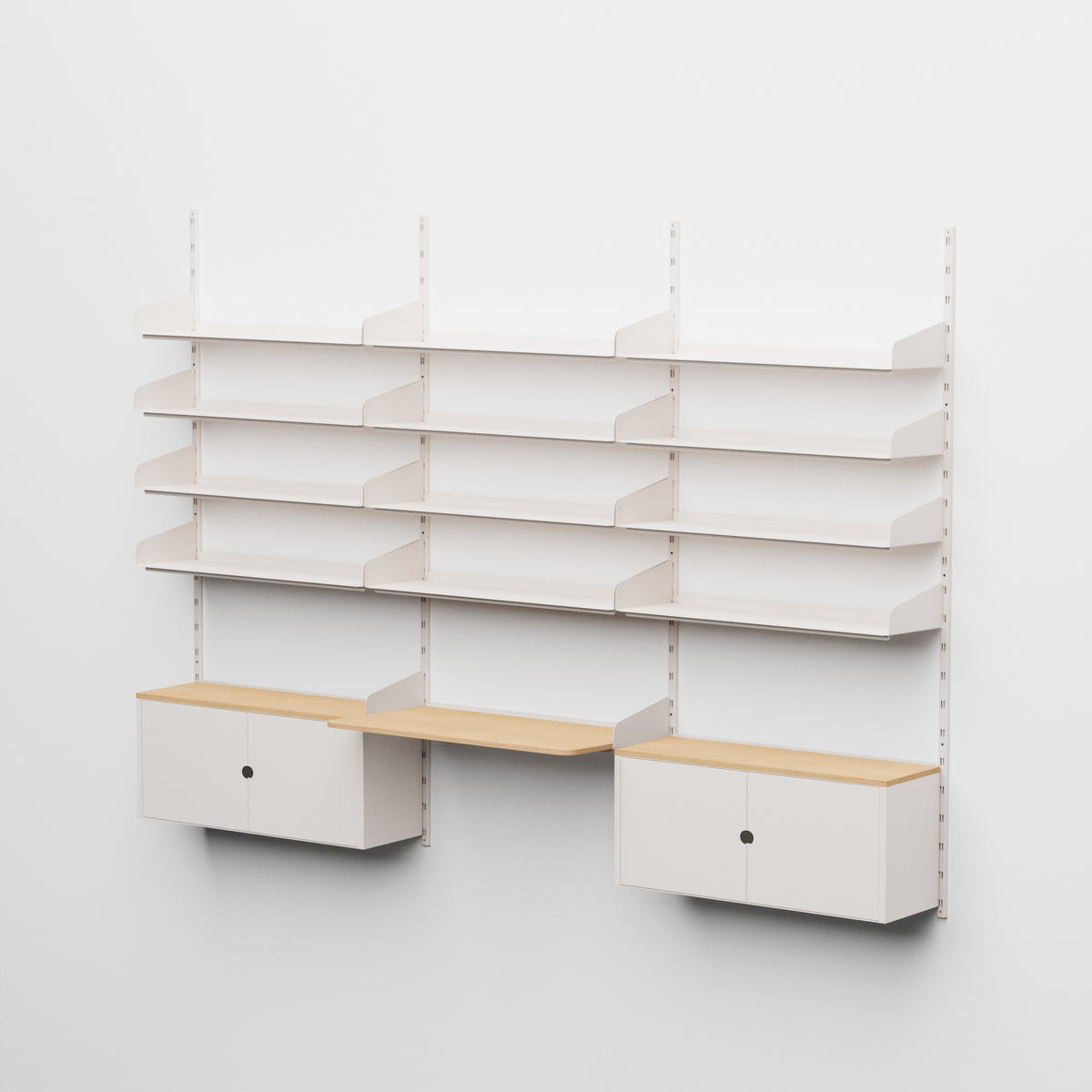 Linnea - Sistema modular de pared -con 12 estantes de 90 cm, 2 módulos contenedores y escritorio suspendido, vano triple - Blanco concha (RAL9001)