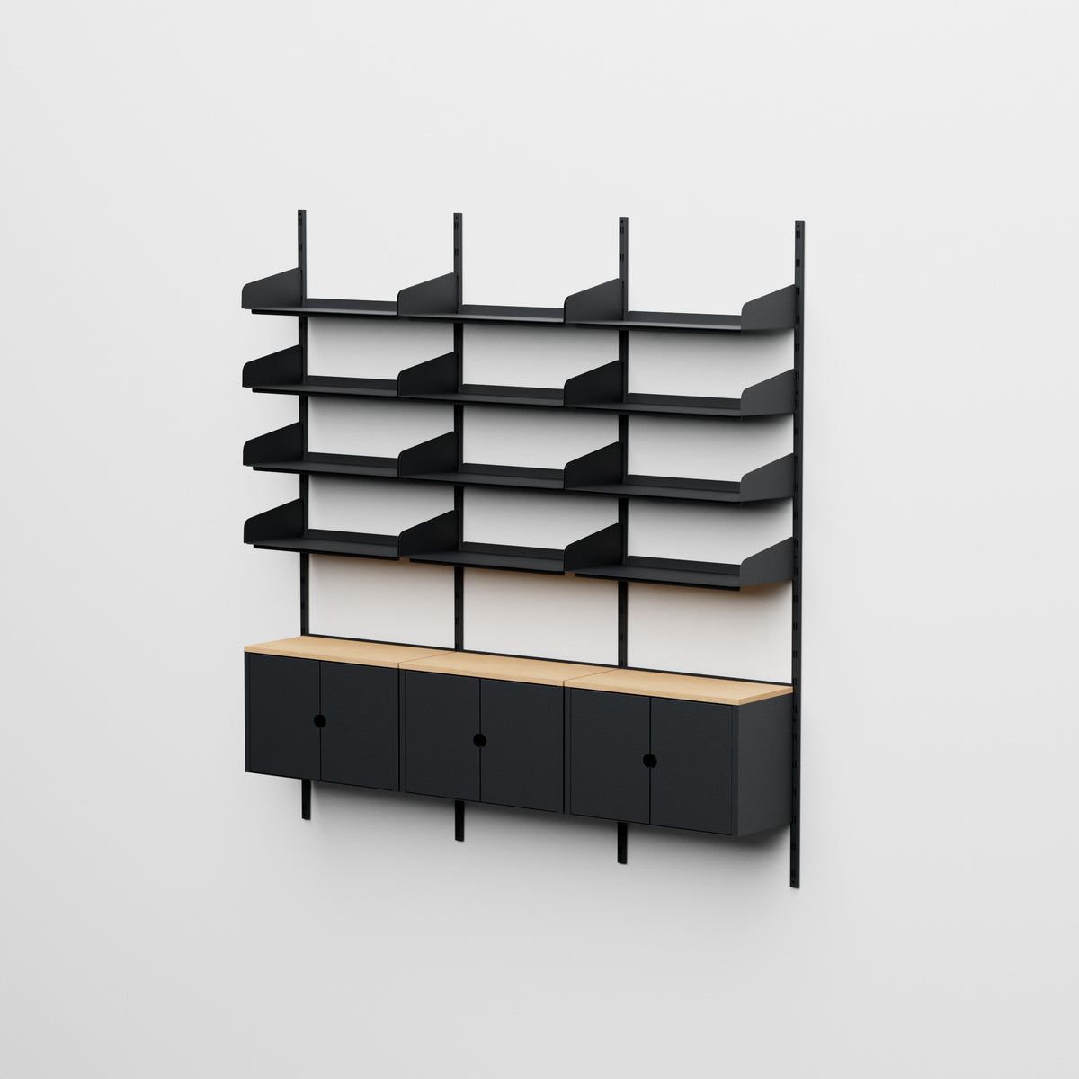Linnea - Sistema modular de pared - 12 estantes de 60 cm y 3 módulos contenedores, vano triple - Negro grafito (RAL9011)