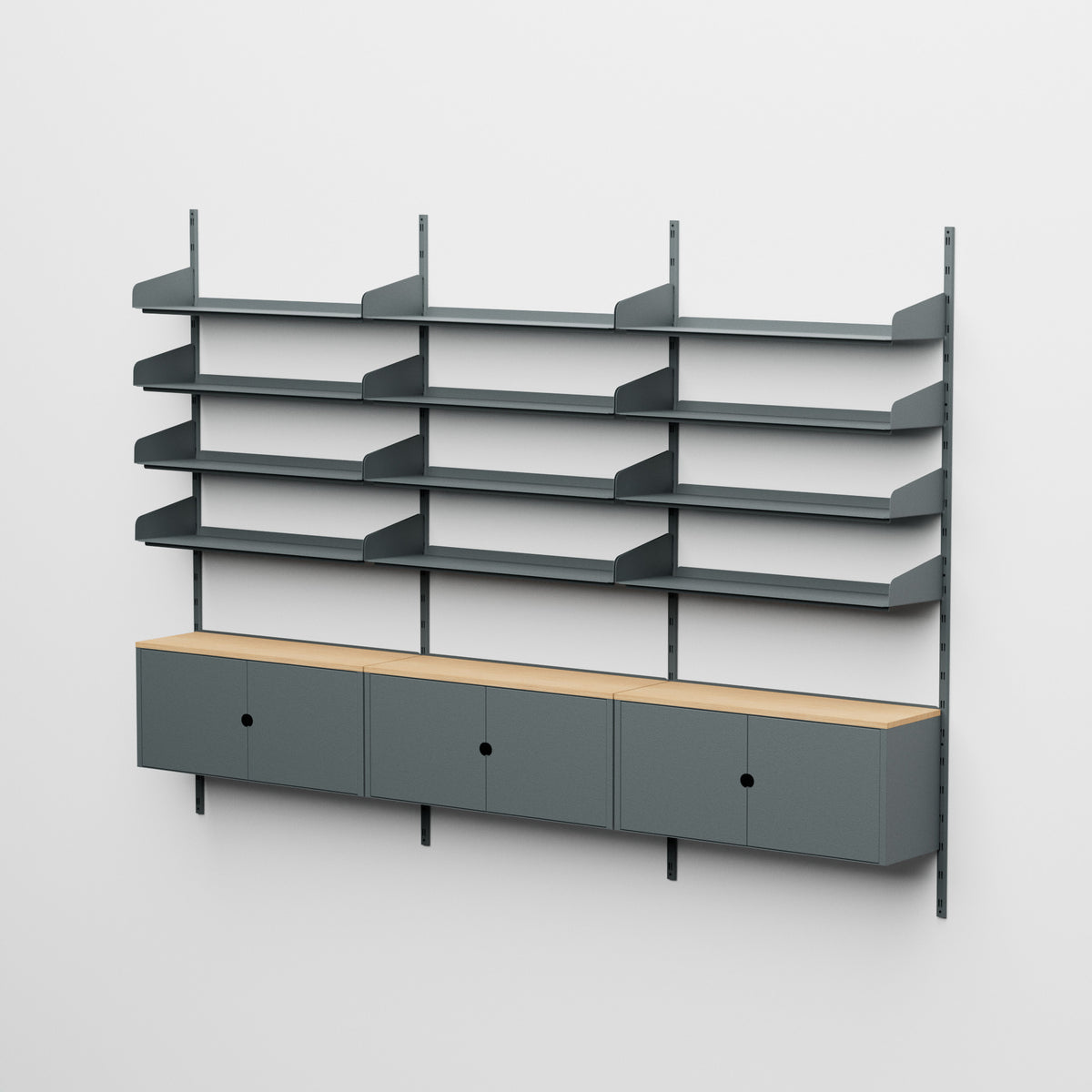 Linnea - Sistema modular de pared - 12 estantes de 90 cm y 3 módulos contenedores, vano triple - Gris basalto (RAL7012)
