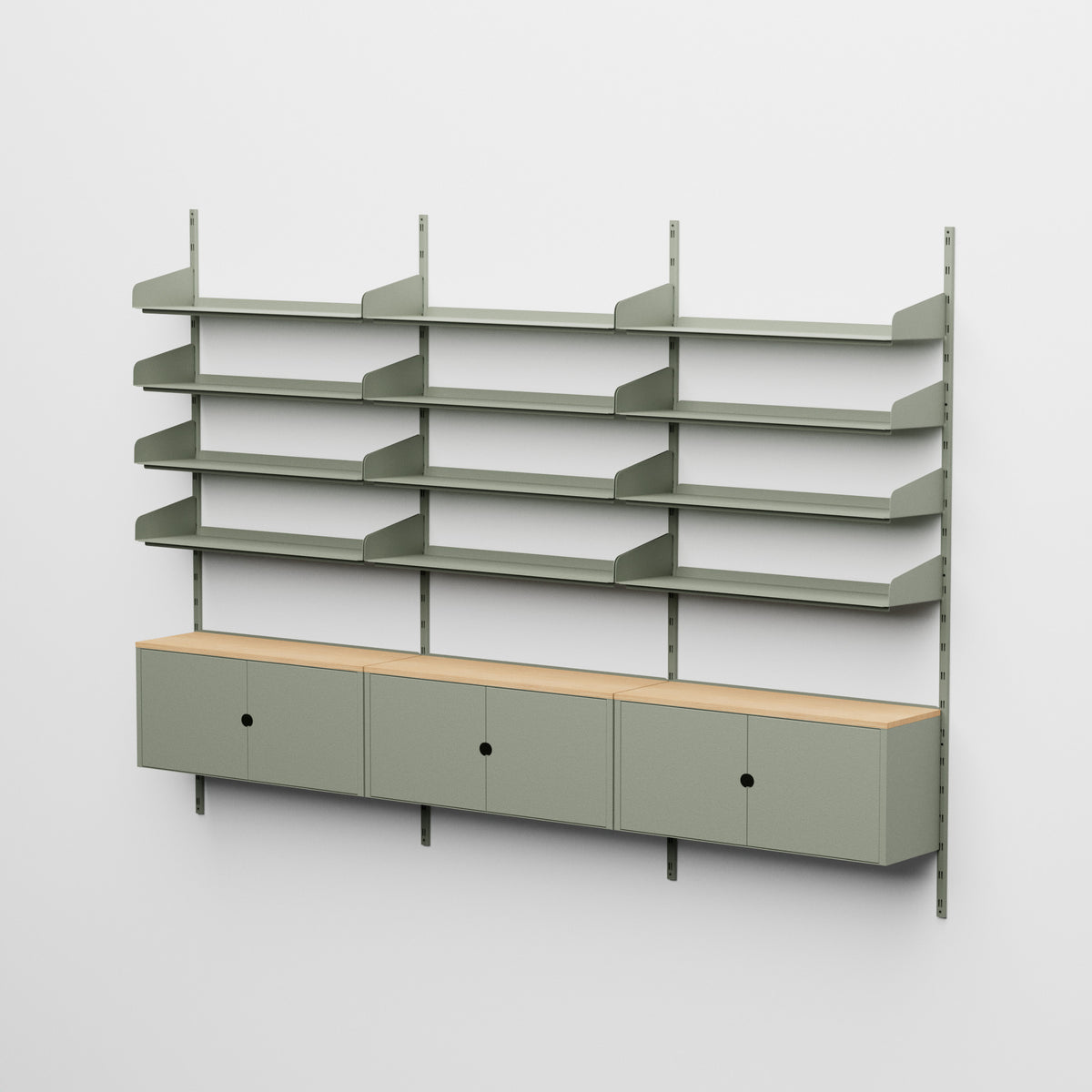 Linnea - Sistema modular de pared con 12 estantes de 90 cm y 3 módulos contenedores, módulo triple - Verde fósil (RAL7033)