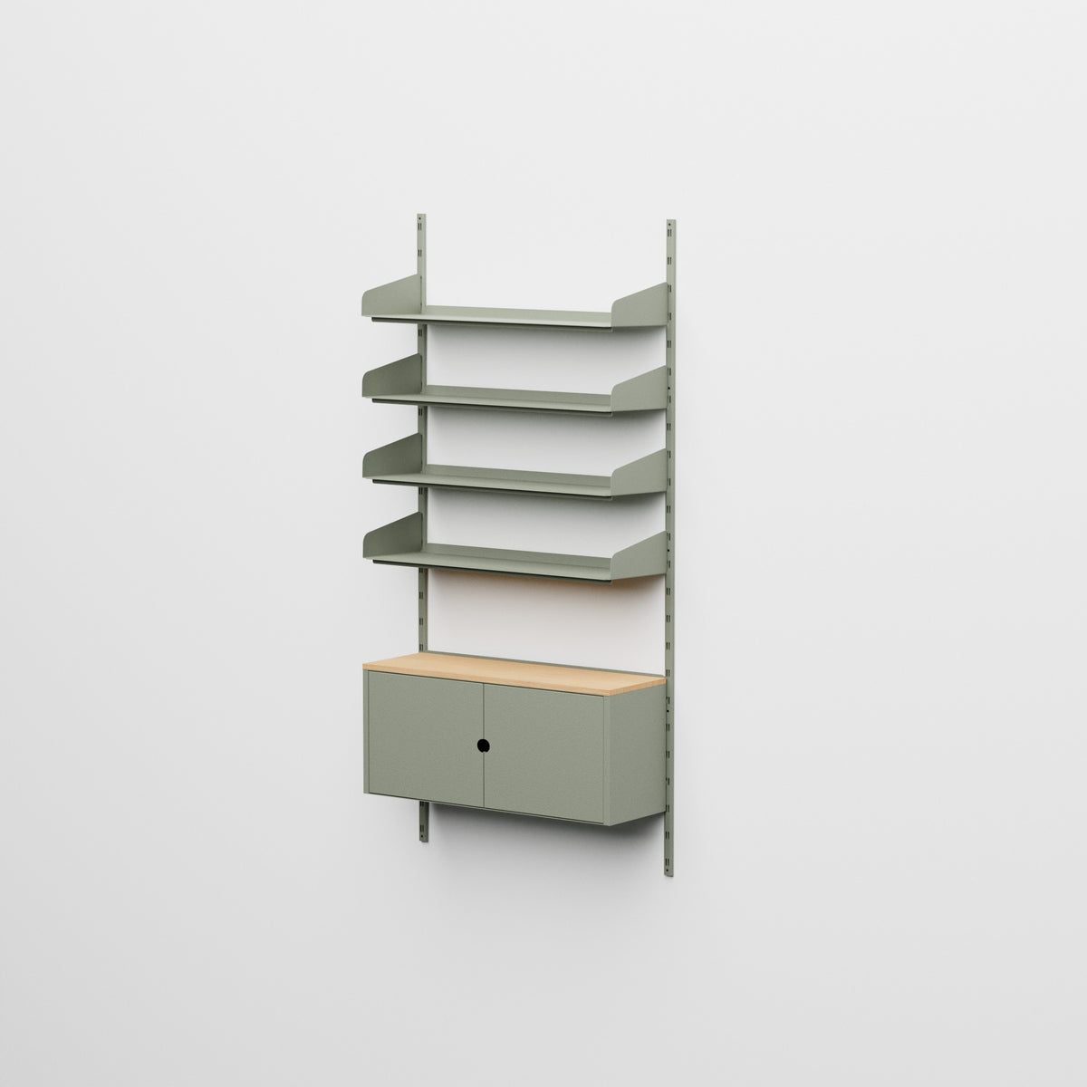 Linnea - Sistema modular de pared con 4 estantes de 90 cm y módulo contenedor, módulo único - Verde fósil (RAL7033)