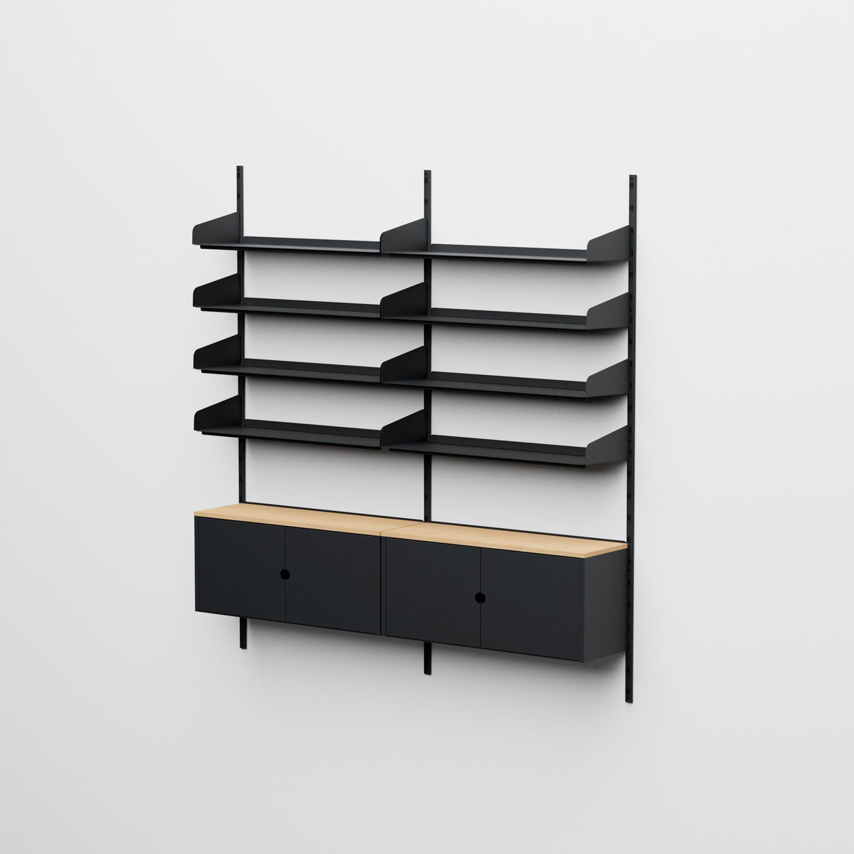 Linnea - Sistema modular de pared - 8 estantes de 90 cm y 2 módulos contenedores, tramo doble - Negro grafito (RAL9011)