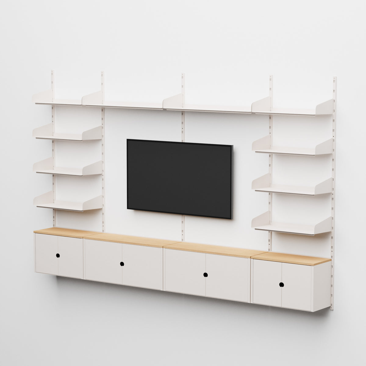 Linnea - Wall-Mounted Storage System with TV Mount, 10 shelves and 4 storage modules - Shell White