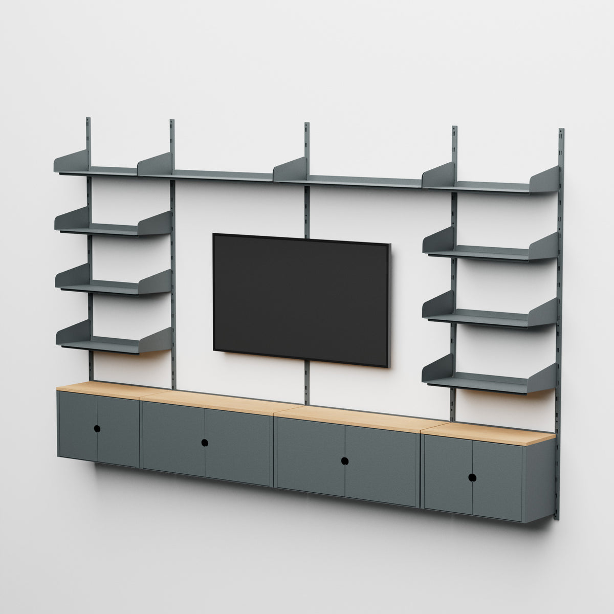 Linnea - Sistema de pared equipado con soporte para TV, 10 estantes y 4 módulos contenedores - Gris Basalto