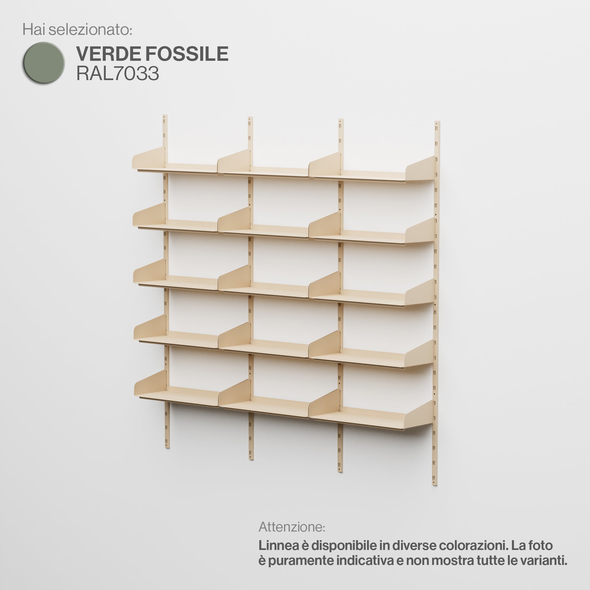 Linnea – Modulares Wandsystem (5 x 60 cm Regale, dreifach gespannt) – Fossilgrün (RAL7033)