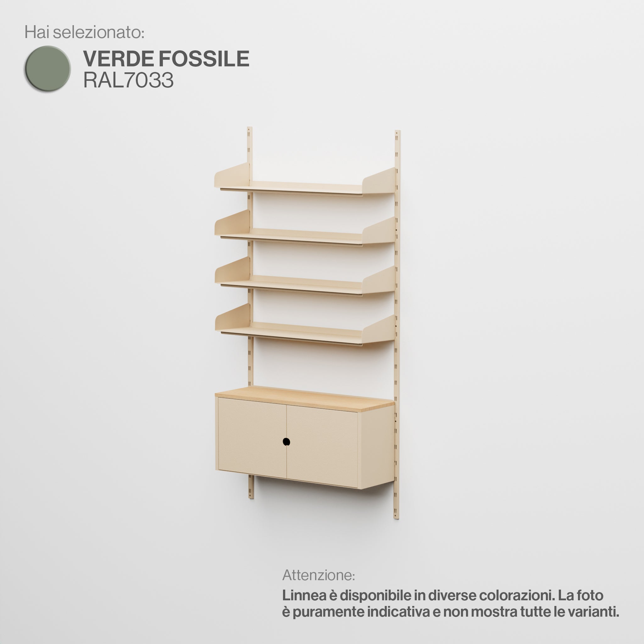 Linnea – Modulares Wandsystem – 4 x 90 cm Regale und Aufbewahrungsmodul, einteilig – Fossilgrün (RAL7033)