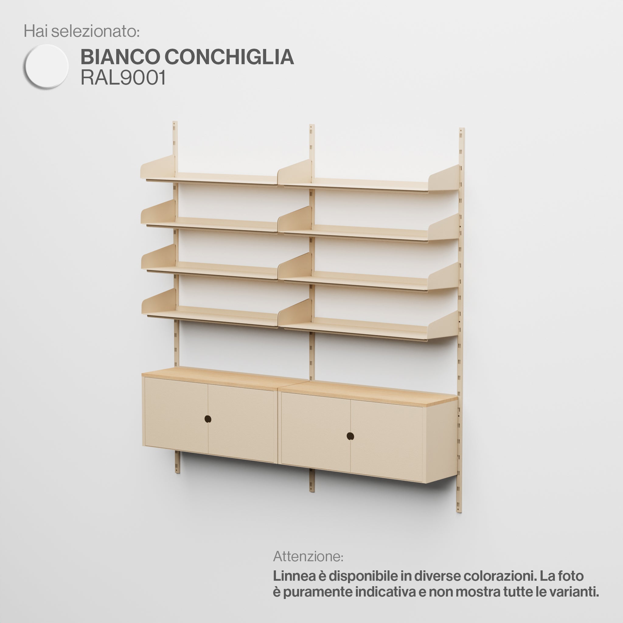 Linnea - Sistema Modulare a Parete - 4 Mensole 90 cm e Moduli Contenitore, Campata Doppia - Bianco Conchiglia (RAL9001)