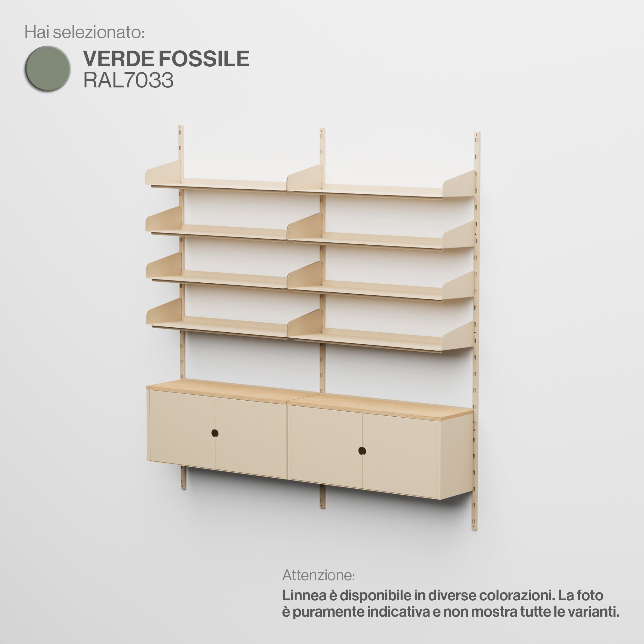 Linnea – Modulares Wandsystem – 4 x 90 cm Regale und Aufbewahrungsmodule, Doppelspannweite – Fossilgrün (RAL7033)