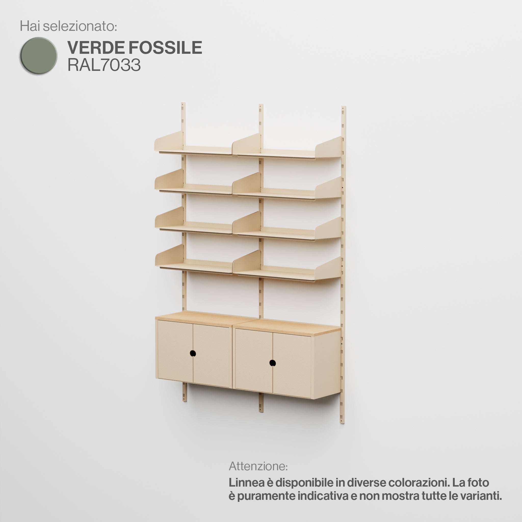 Linnea – Modulares Wandsystem – 4 x 60 cm Regale und Aufbewahrungsmodule, Doppelspannweite – Fossilgrün (RAL7033)