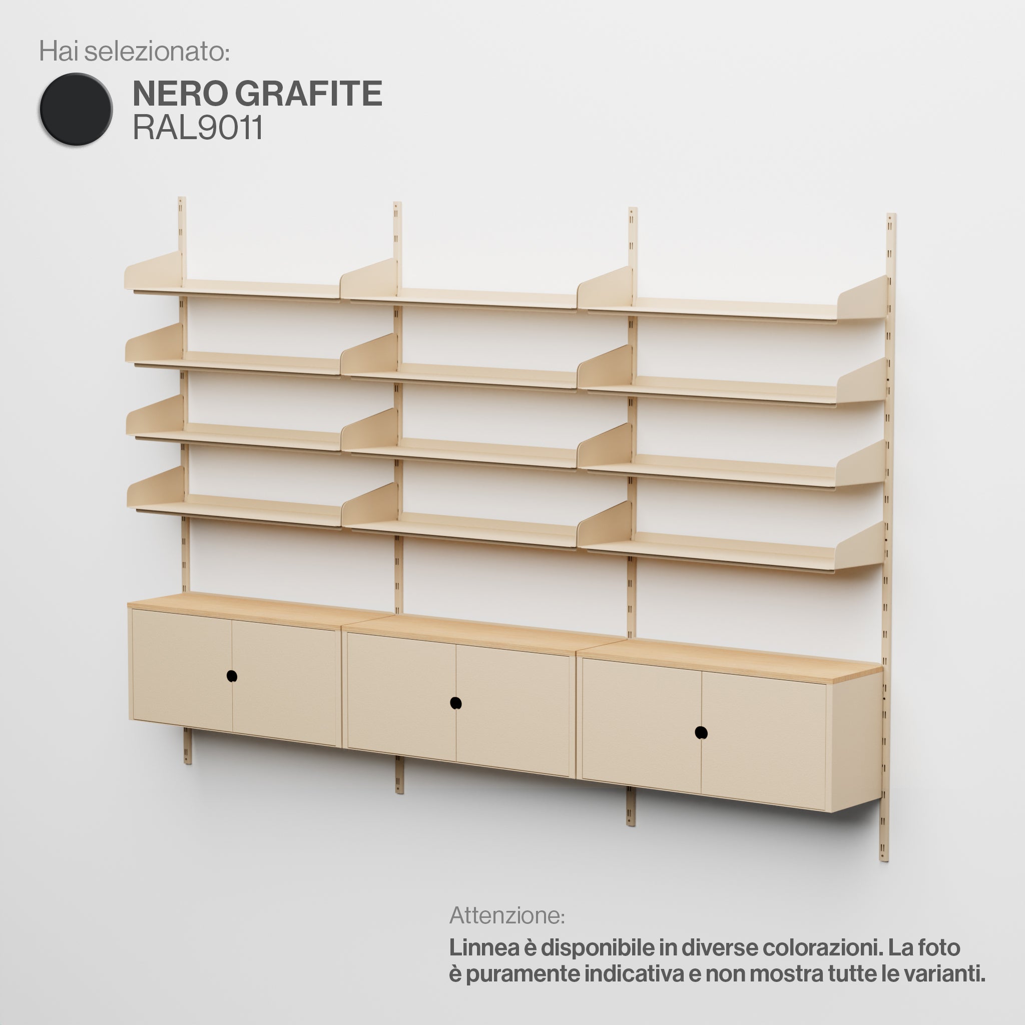 Linnea – Modulares Wandsystem – 4 x 90 cm Regale und Aufbewahrungsmodule, dreifach gespannt – Graphitschwarz (RAL9011)