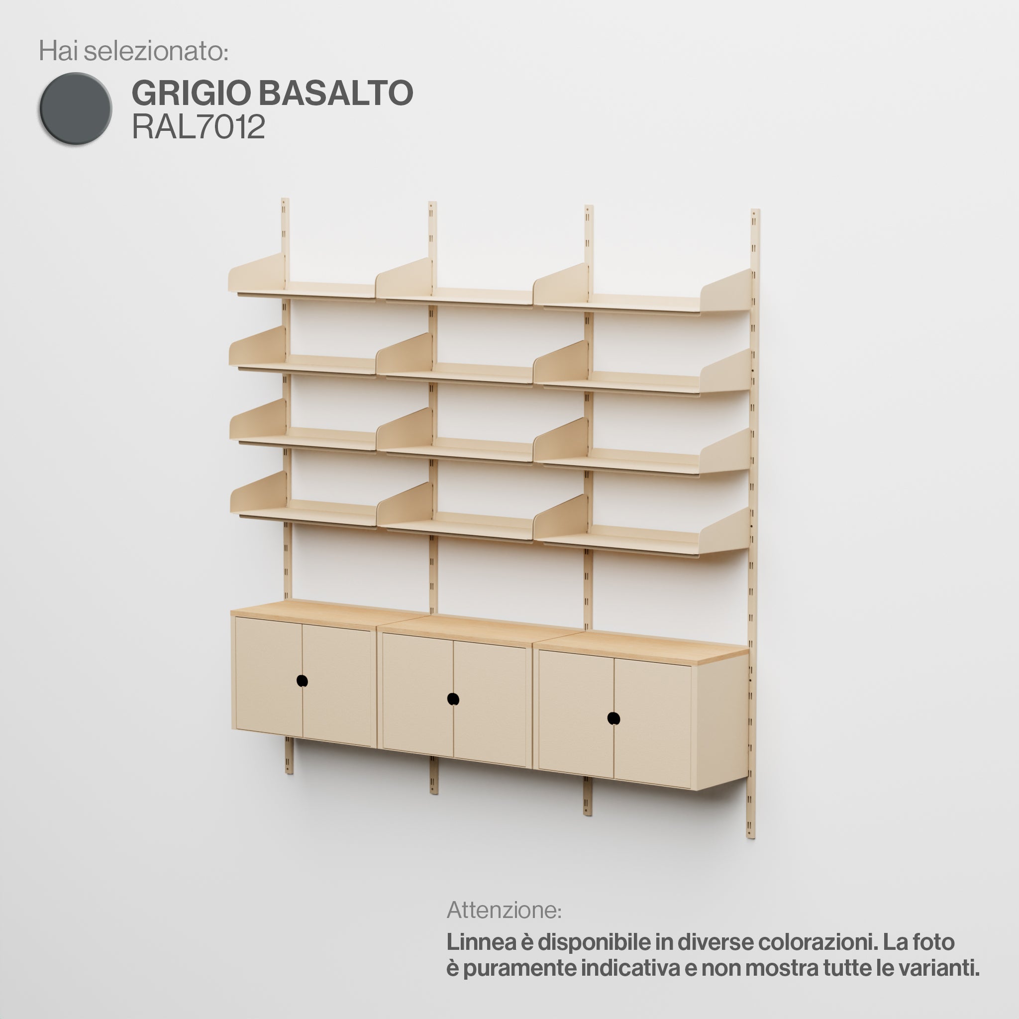 Linnea – Modulares Wandsystem – 4 x 60 cm Regale und Aufbewahrungsmodule, dreifach gespannt – Basaltgrau (RAL7012)