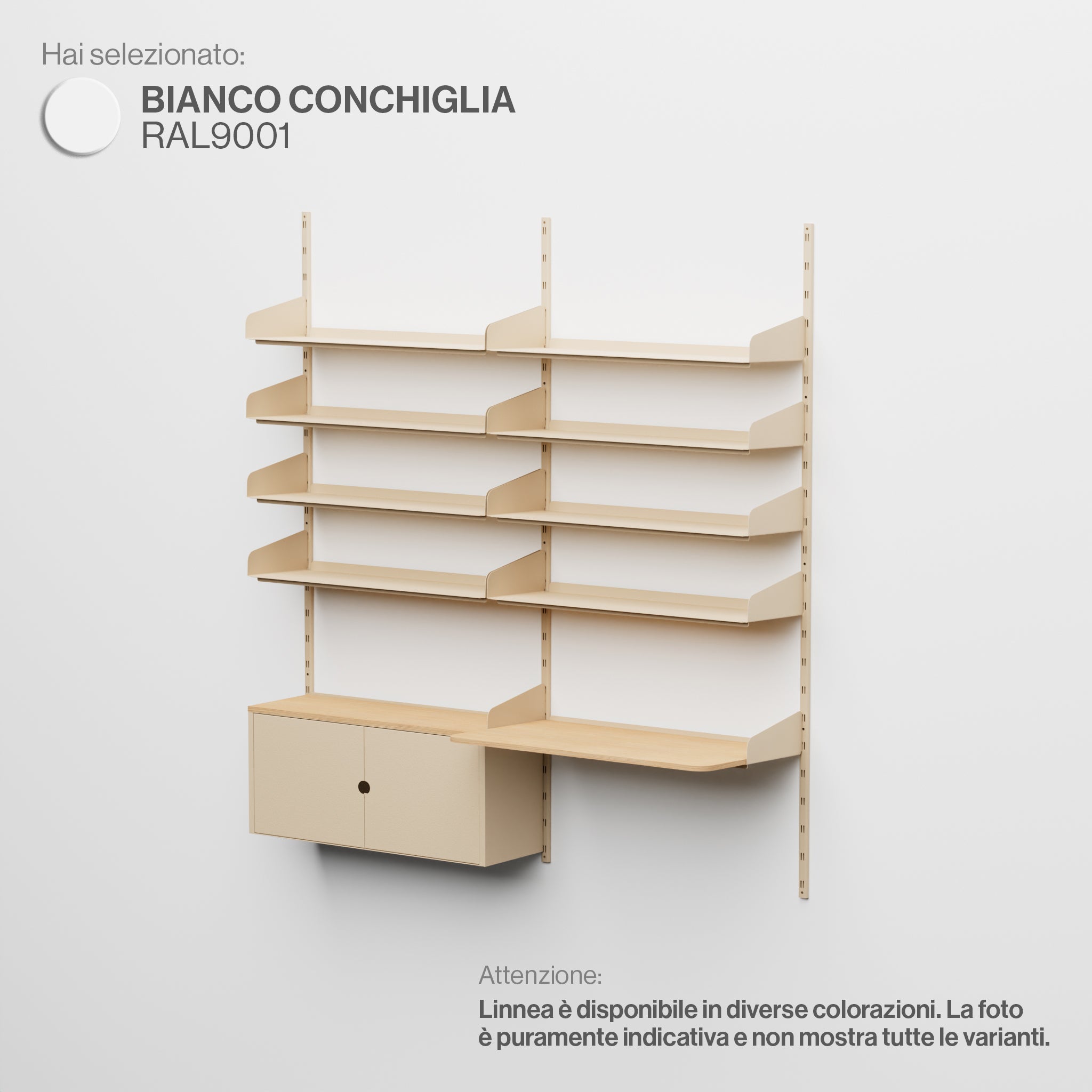 Linnea - Sistema Modulare a Parete - Campata Doppia con 4 Mensole da 90 cm, Moduli Contenitore e Scrivania Sospesa - Bianco Conchiglia (RAL9001)