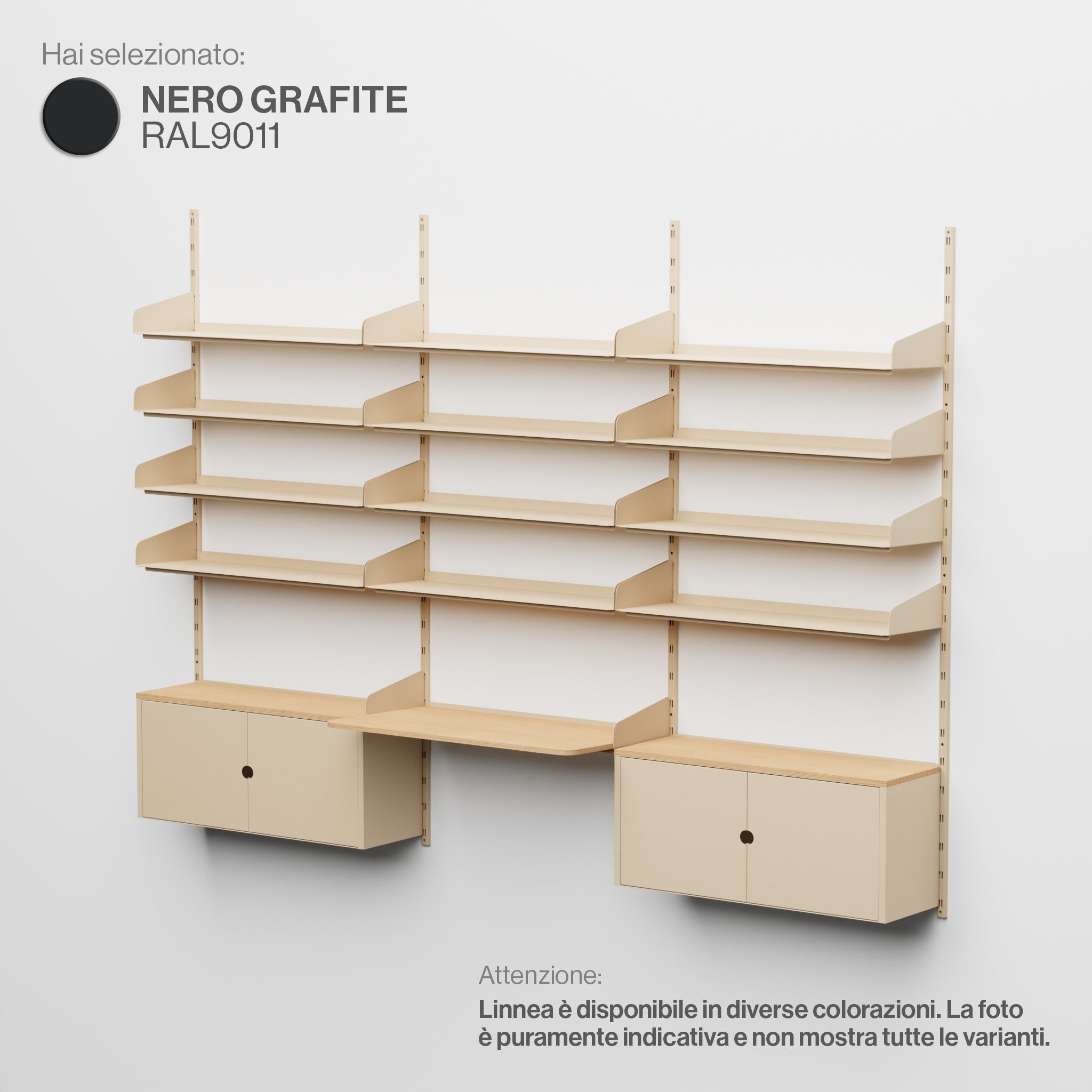 Linnea - Modular Wall System - Triple Span with 4 x 90cm Shelves, Storage Modules and Floating Desk - Graphite Black (RAL9011)