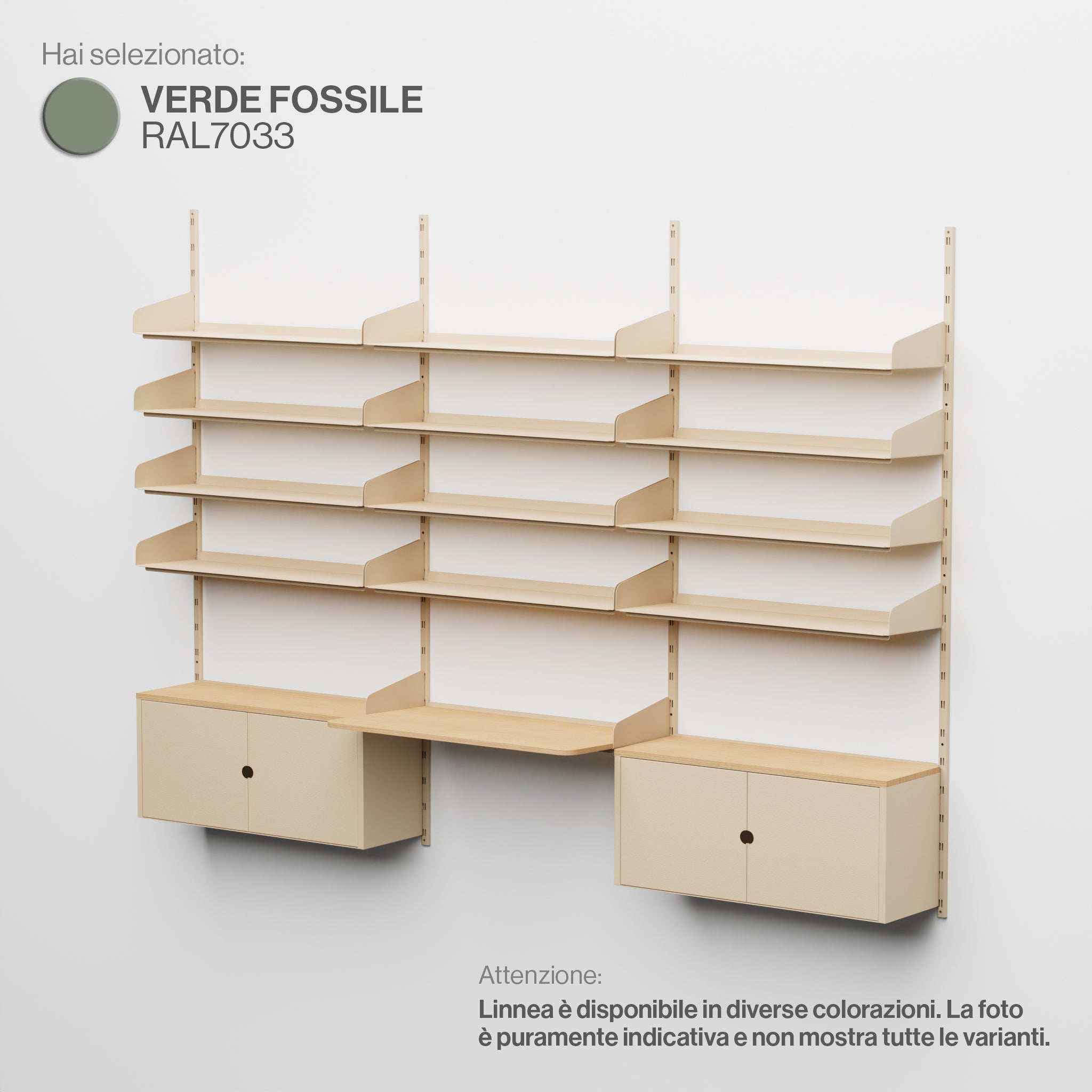 Linnea - Modular Wall System - Triple-span with 4 x 90cm shelves, storage modules, and a floating desk - Fossil Green (RAL7033)