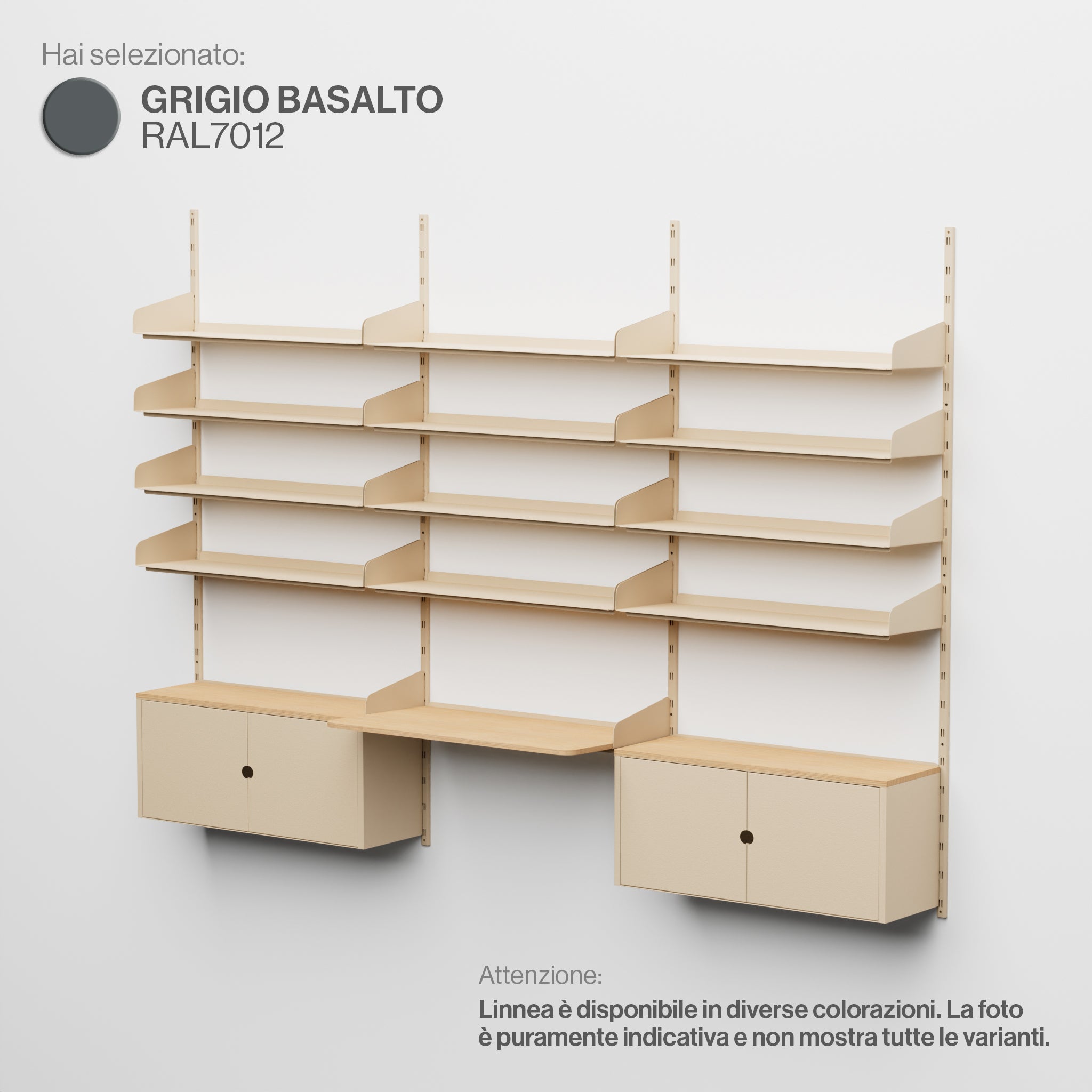 Linnea - Modular Wall System - Triple Span with 4 x 90cm Shelves, Storage Modules and Floating Desk - Basalt Grey (RAL7012)