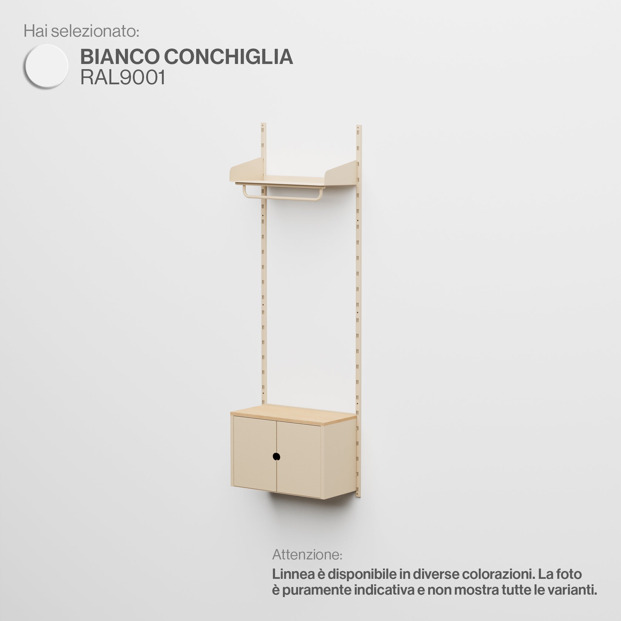 Linnea - Sistema Modulare a Parete con Barra Appendiabiti e Modulo Contenitore, Campata Singola (larghezza 60 cm) - Bianco Conchiglia (RAL9001)