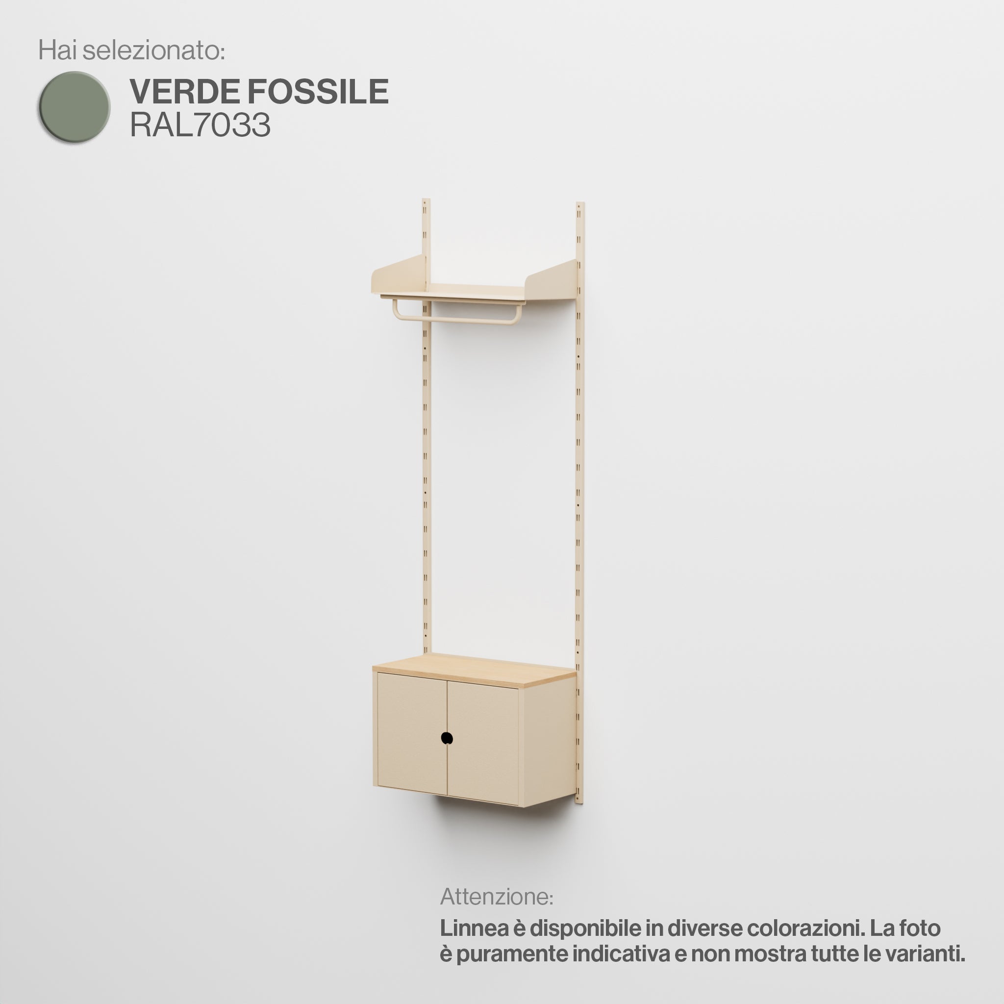 Linnea – Modulares Wandsystem mit Garderobenleiste und Aufbewahrungsmodul, Einzelfeld (60 cm breit) – Fossilgrün (RAL7033)