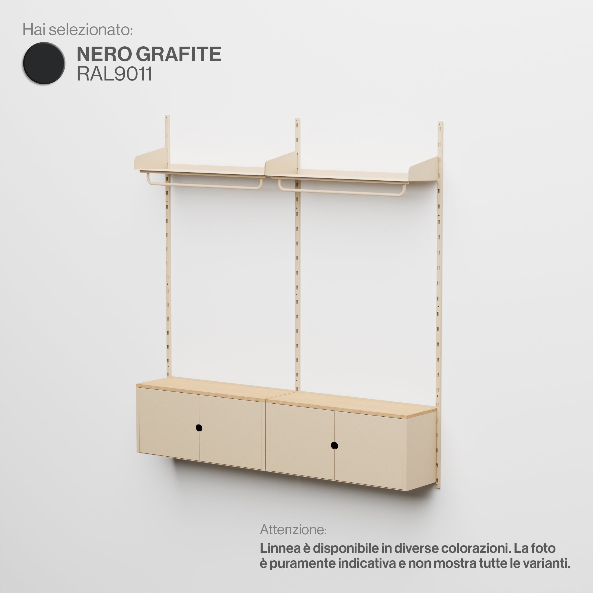 Linnea - Modular Wall System with Coat Rail and Storage Modules, Double Span (90 cm wide) - Graphite Black