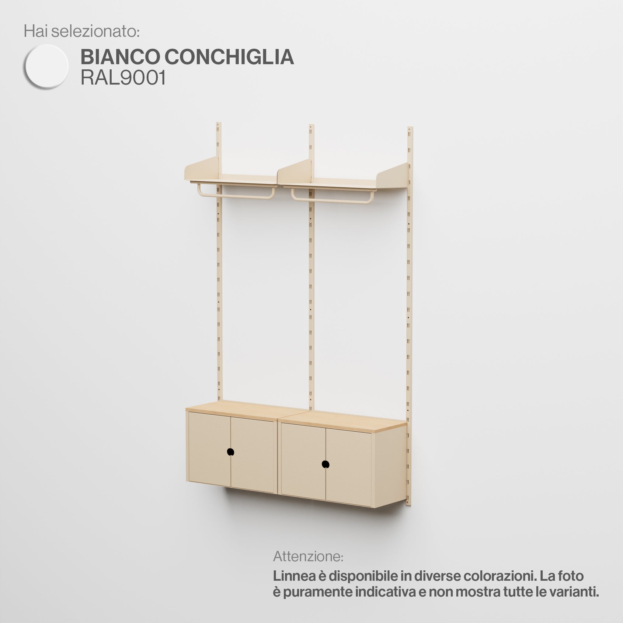 Linnea - Sistema Modulare a Parete con Barra Appendiabiti e Moduli Contenitore, Campata Doppia (larghezza 60 cm) - Bianco Conchiglia