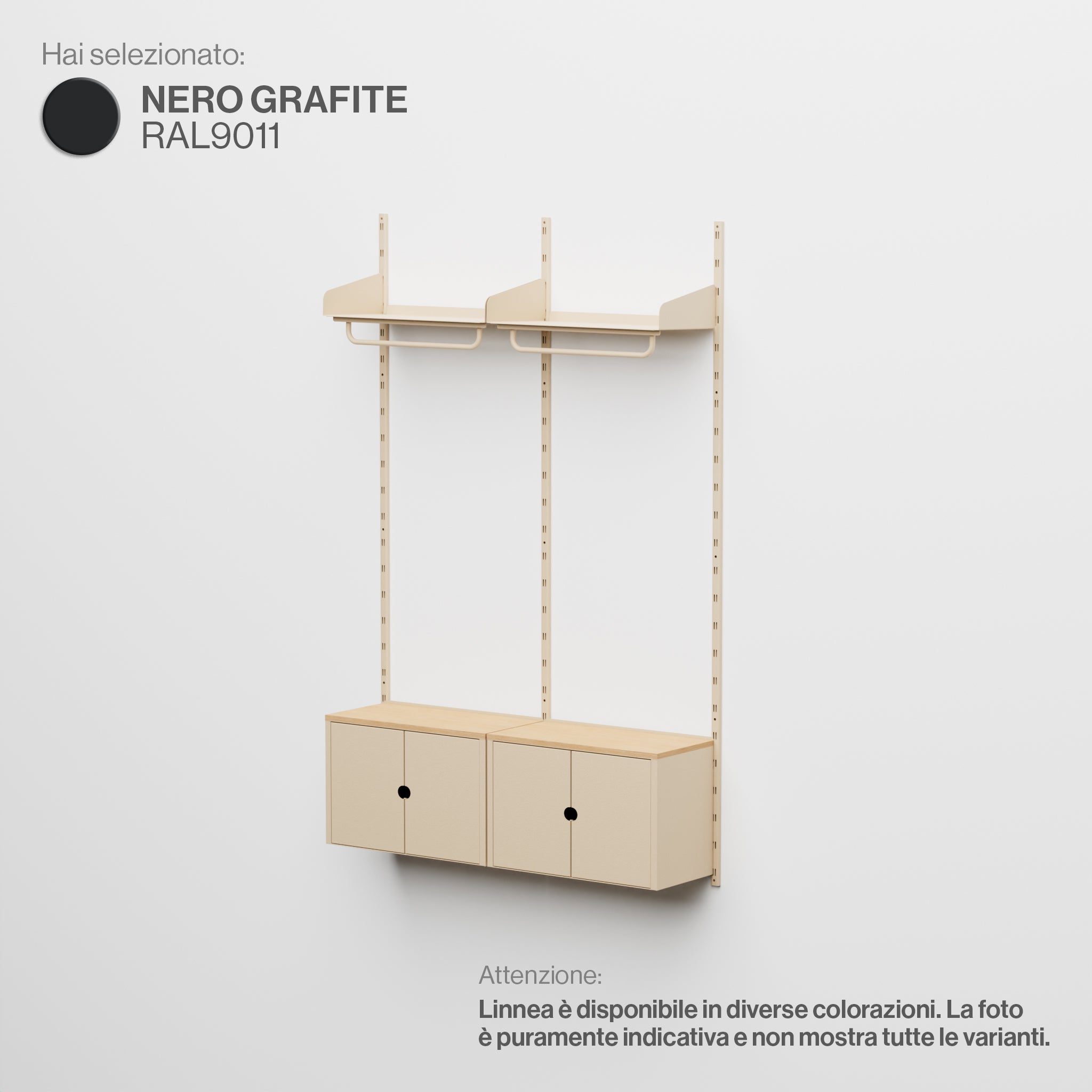 Linnea - Modulares Wandsystem mit Garderobenleiste und Aufbewahrungsmodulen, Doppelspannweite (60 cm breit) - Graphitschwarz