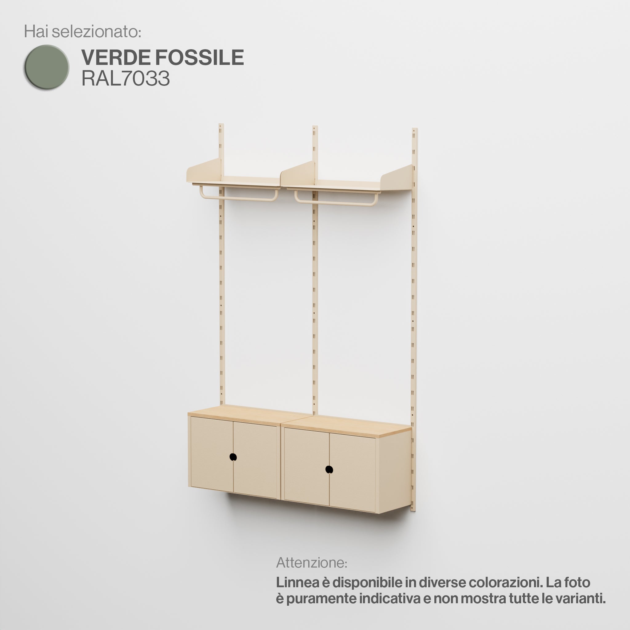 Linnea - Modulares Wandsystem mit Garderobenleiste und Aufbewahrungsmodulen, Doppelspannweite (60 cm breit) - Fossilgrün