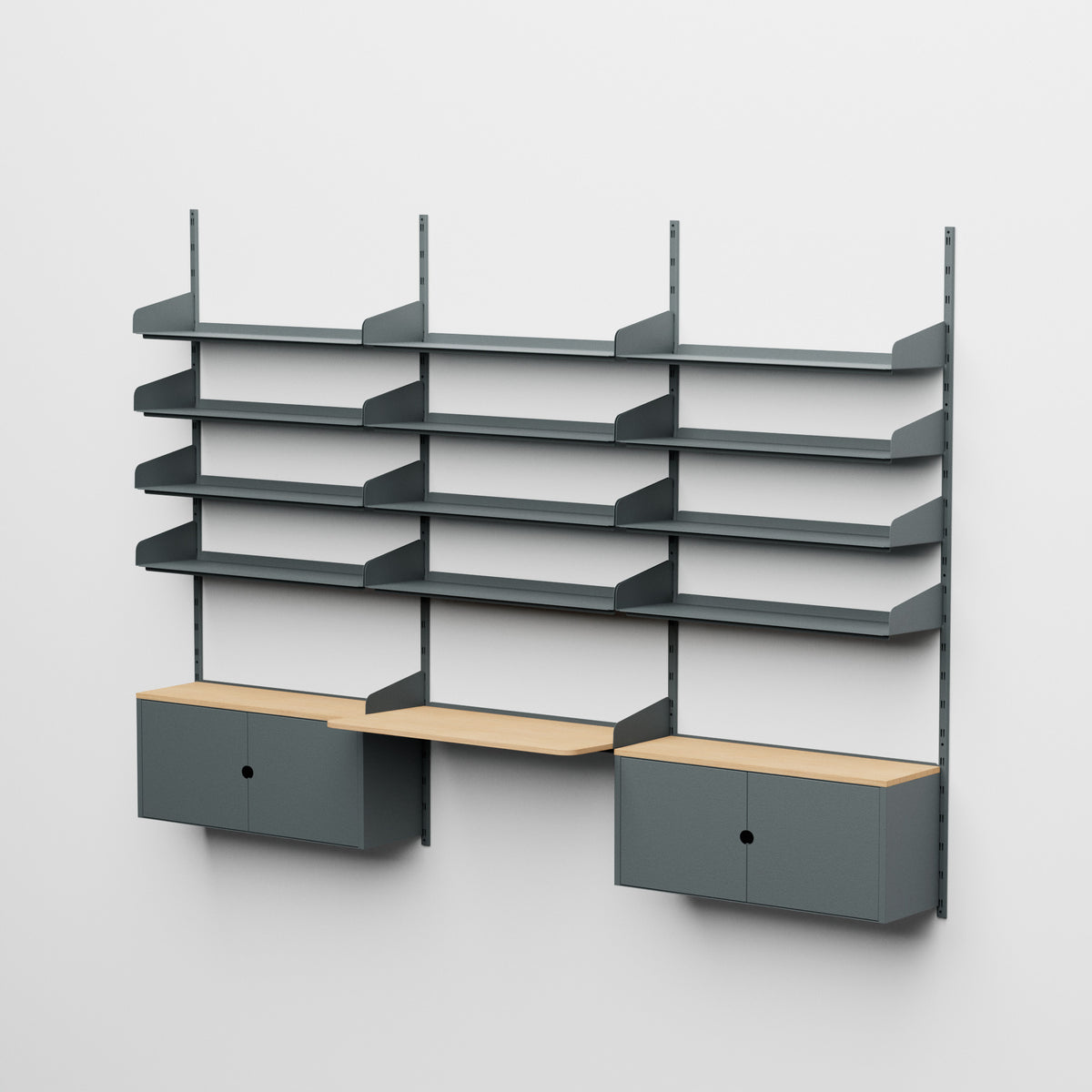 Linnea - Sistema modular de pared - con 12 estantes de 90 cm, 2 módulos contenedores y escritorio suspendido, vano triple - Gris basalto (RAL7012)