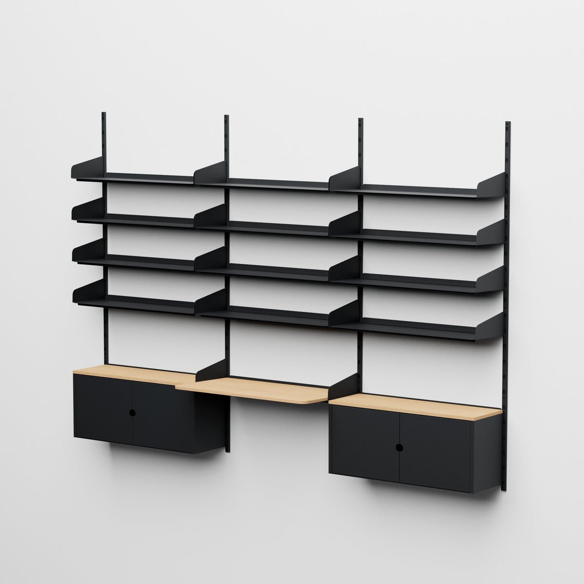 Linnea - Sistema modular de pared - con 12 estantes de 90 cm, 2 módulos contenedores y escritorio suspendido, vano triple - Negro grafito (RAL9011)