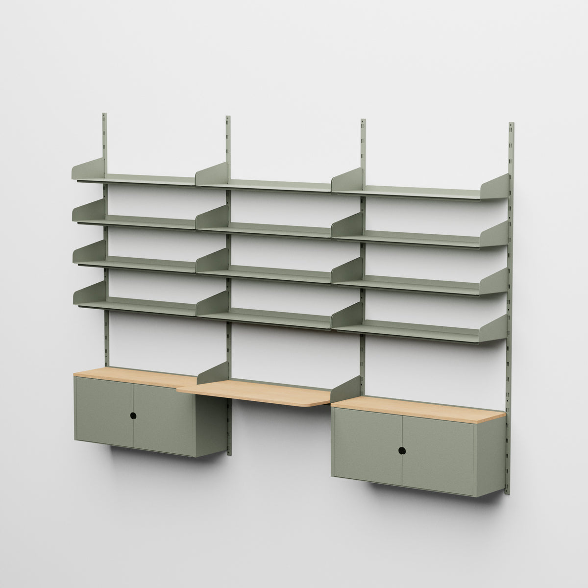 Linnea - Sistema modular de pared con 12 estantes de 90 cm, 2 módulos contenedores y escritorio suspendido, módulo triple - Verde fósil (RAL7033)