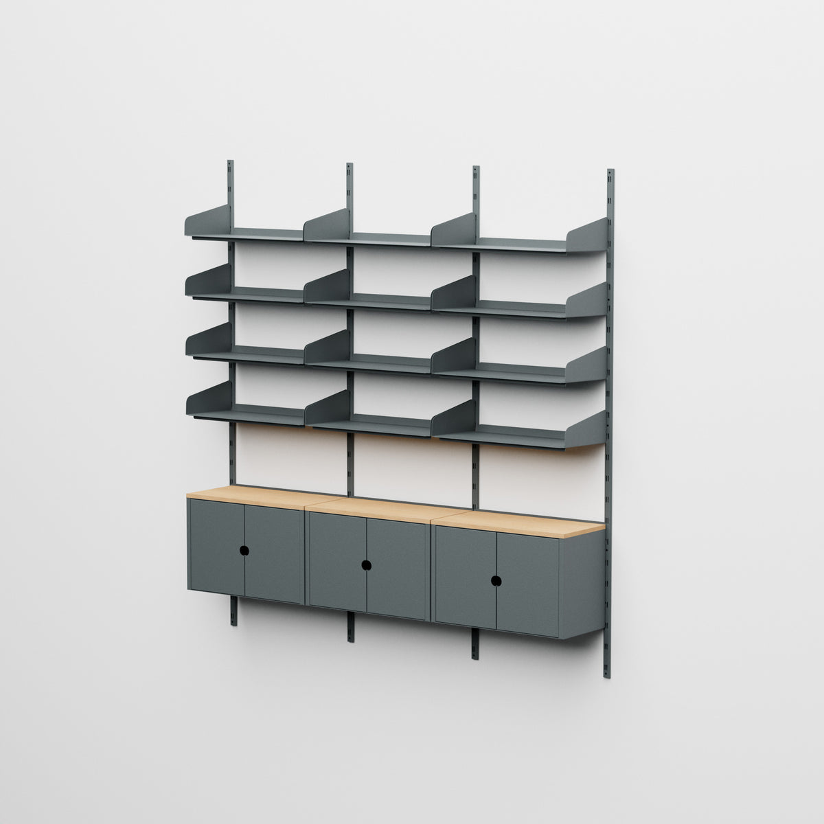 Linnea - Modulares Wandsystem - 12 Regalböden 60 cm und 3 Aufbewahrungsmodule, Dreifeld - Basaltgrau (RAL7012)