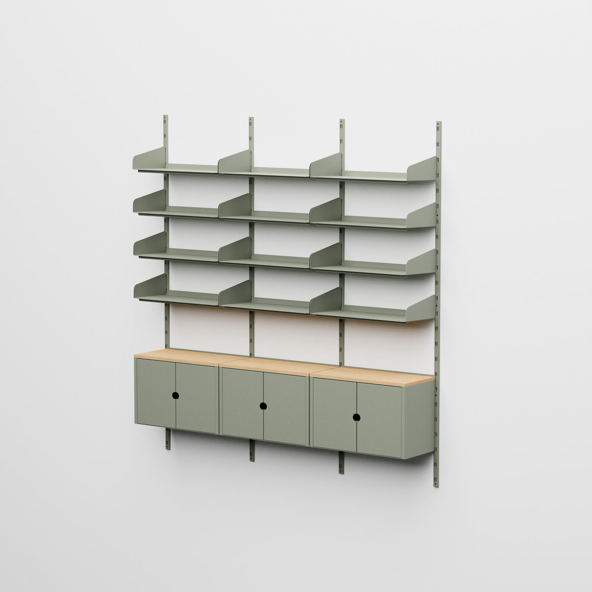 Linnea - Sistema modular de pared con 12 estantes de 60 cm y 3 módulos contenedores, módulo triple - Verde fósil (RAL7033)
